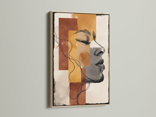 A striking line drawing print of an abstract face is elegantly framed in oak. The woman profile art adds a modern touch to any space. The artwork's terracotta and mustard wall art blend seamlessly. It enhances bedroom decor with its warm tones. This minimalist art piece brings a contemporary feel. It is ideal for creating a stylish and artistic focal point.