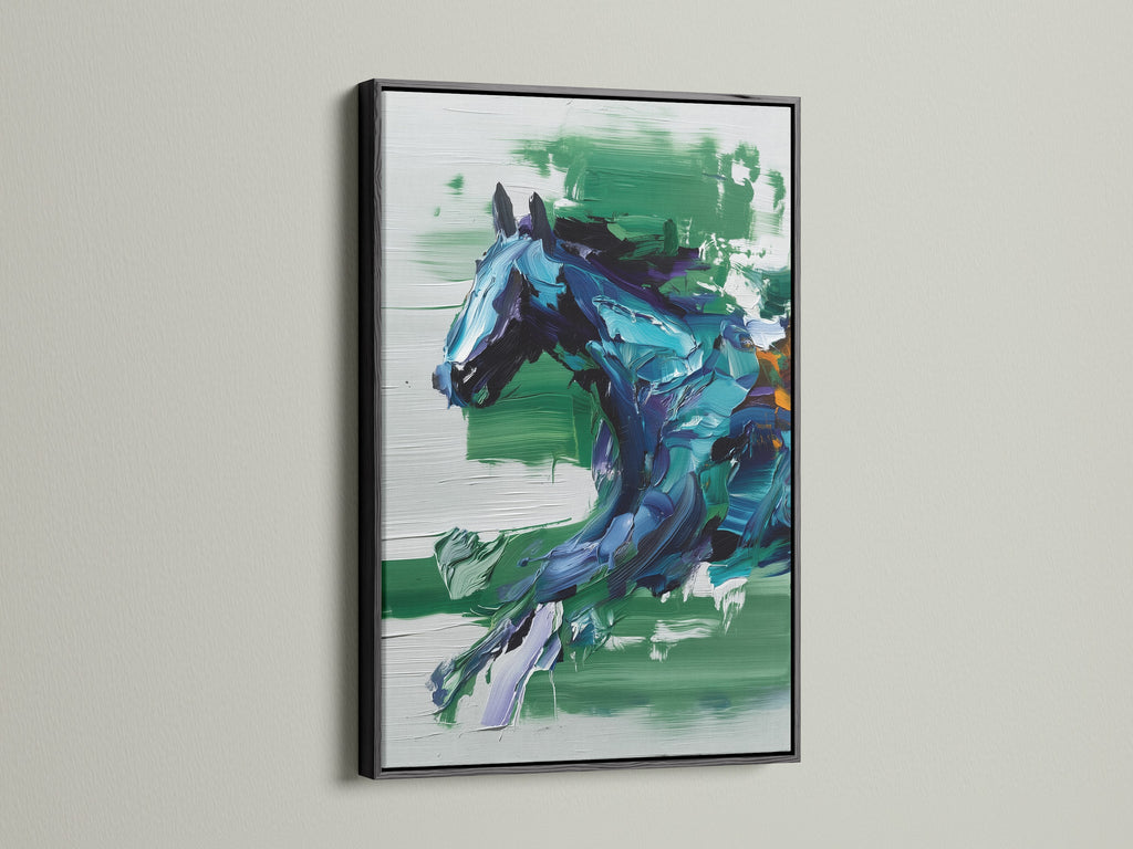A black frame enhances this modern horse artwork. The abstract equestrian canvas art features blue and green. Ideal for office wall art or home decor. This black frame complements contemporary spaces with refined style.