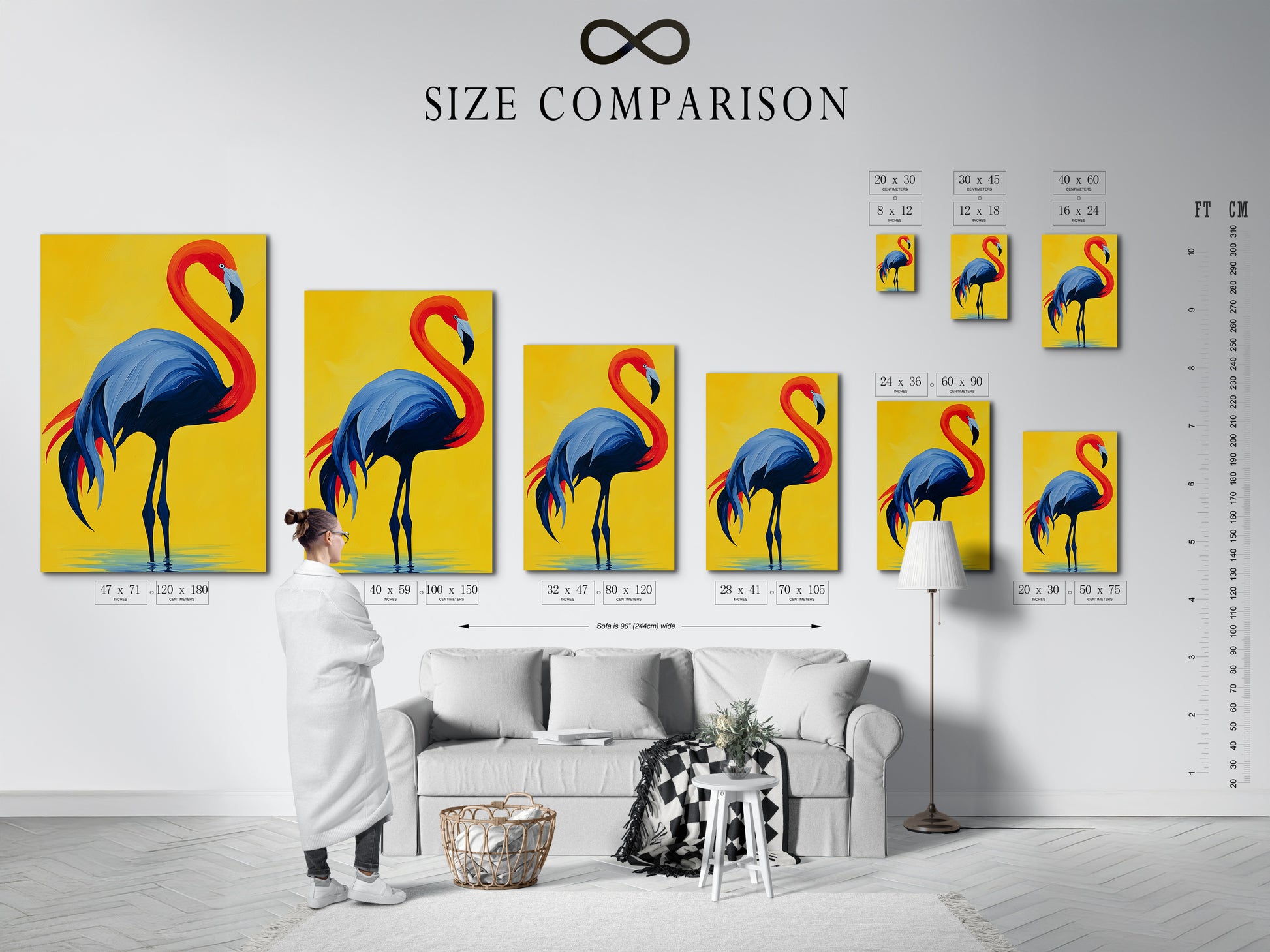 A size comparison chart is displayed in an interior setting. This helps visualize how the flamingo artwork fits in your space. Options include various sizes of this red blue and yellow decor. Find the perfect fit for your wall.