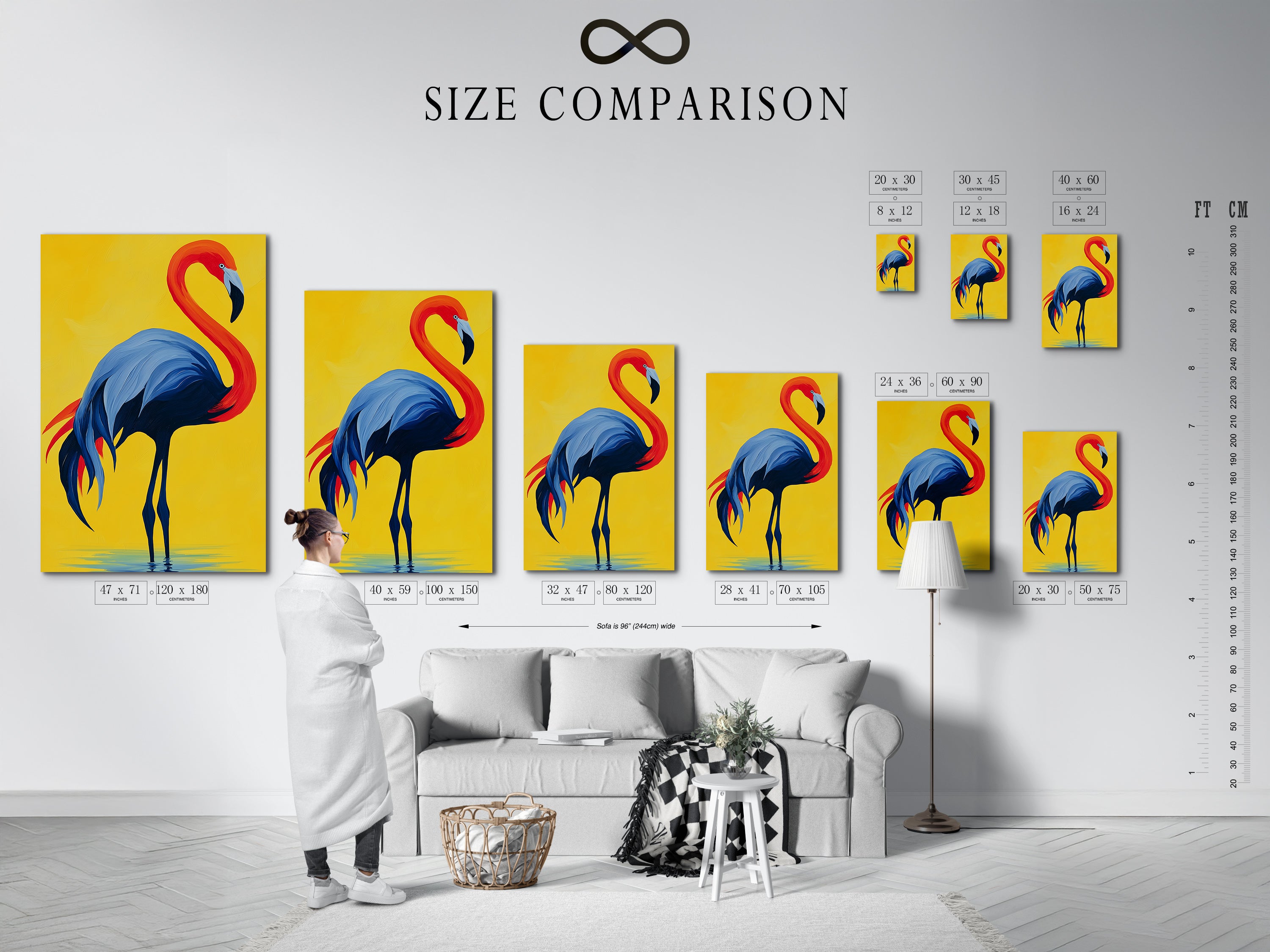 A size comparison chart is displayed in an interior setting. This helps visualize how the flamingo artwork fits in your space. Options include various sizes of this red blue and yellow decor. Find the perfect fit for your wall.