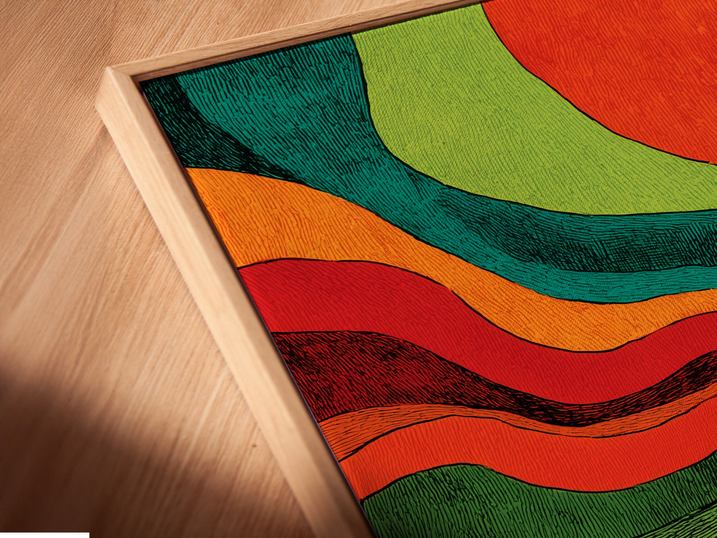 Angled close-up of a canvas print in a floating frame. The floating frame adds depth and sophistication. It creates a gallery-like display. Experience the beauty of canvas art with this unique frame style.