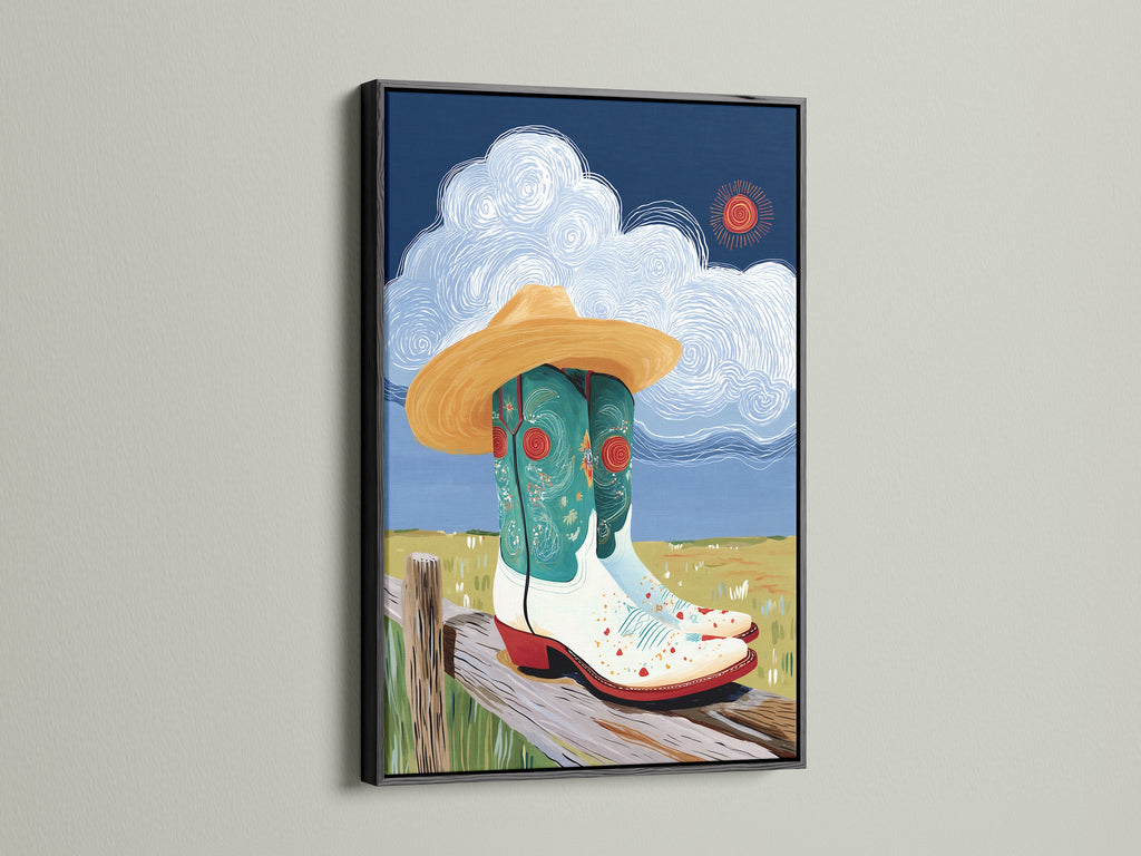 Cowgirl Boots artwork with a black frame. A sleek frame adds a modern touch. This western wall art complements countrycore decor. Ideal for farmhouse art and entryway spaces. The black frame enhances this artwork.