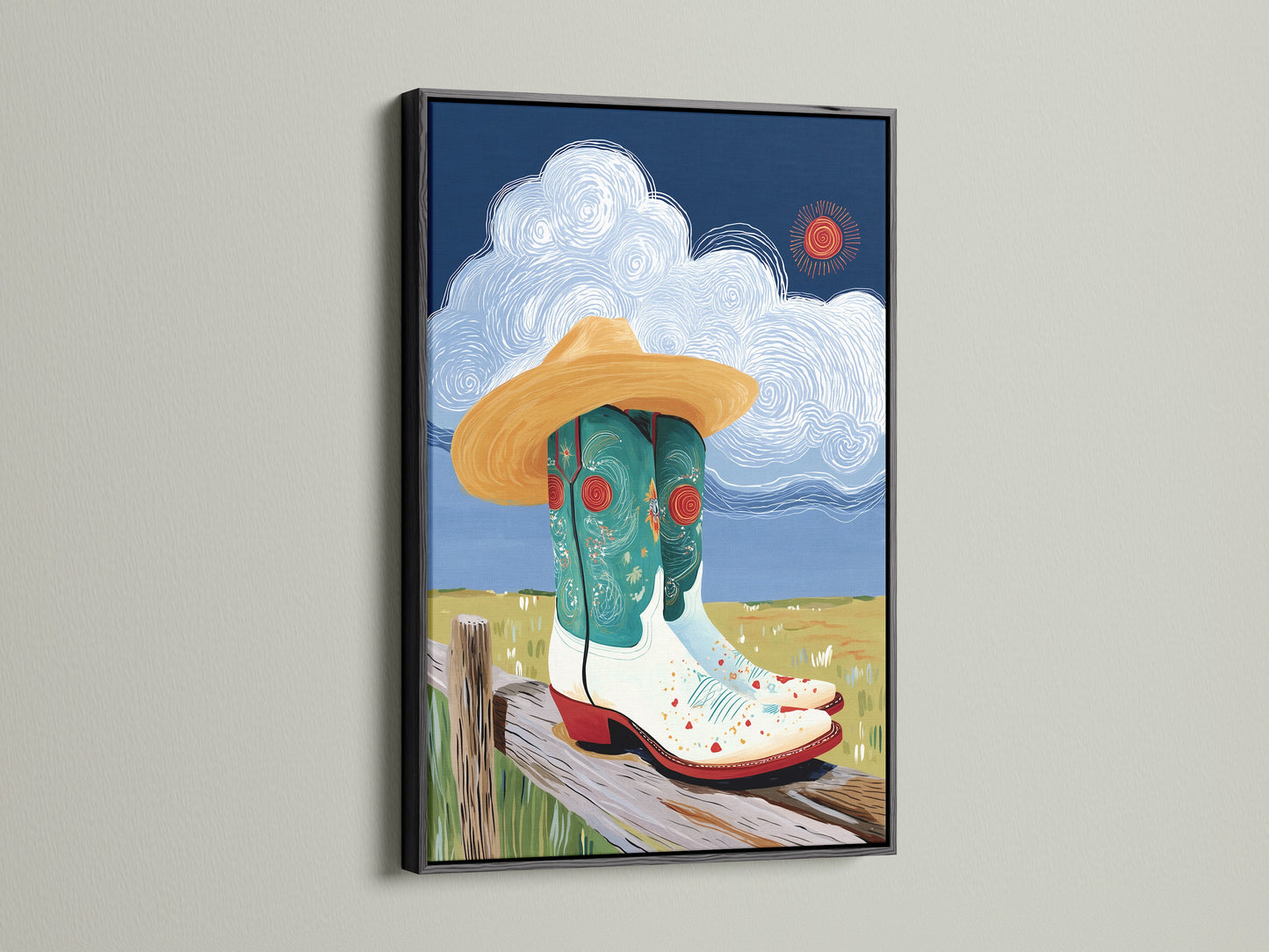 Cowgirl Boots artwork with a black frame. A sleek frame adds a modern touch. This western wall art complements countrycore decor. Ideal for farmhouse art and entryway spaces. The black frame enhances this artwork.