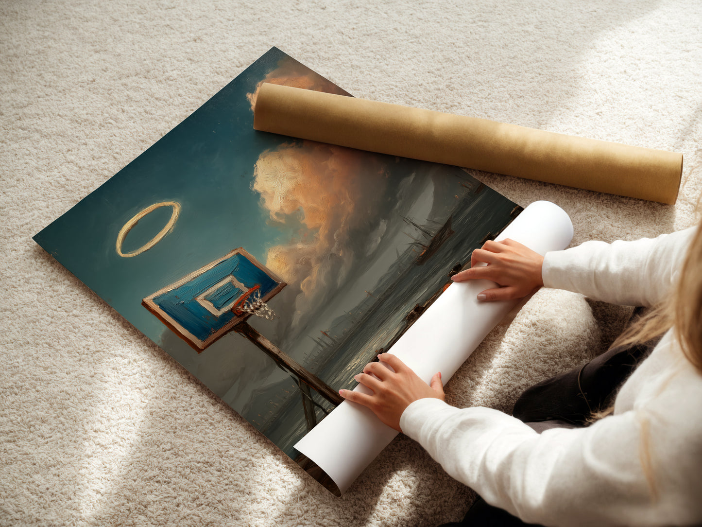 A woman carefully rolls a fine art poster paper print. This coastal basketball art is ready for framing. Ideal for adding a sporty touch to your home. The fine art paper enhances the artwork. A great option for a man cave or game room. Get your basketball decor today.