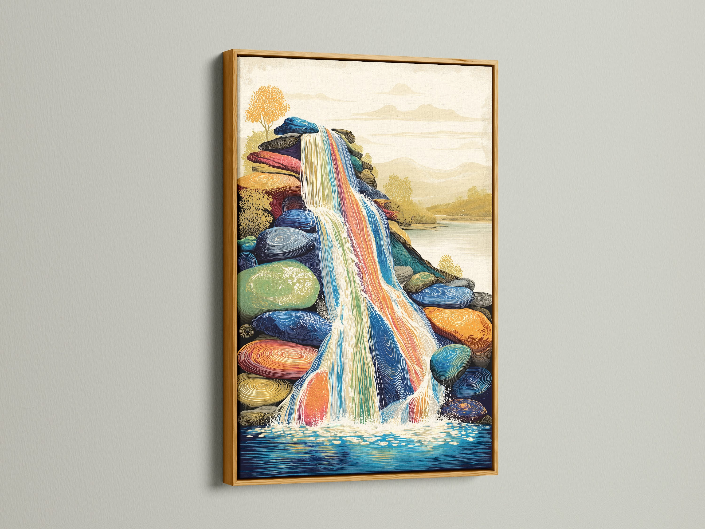 A stunning waterfall artwork is displayed in a gold frame. This colorful canvas print is a vibrant addition. This flowing water art elevates bedroom decor. Perfect for adding a touch of luxury to any space.