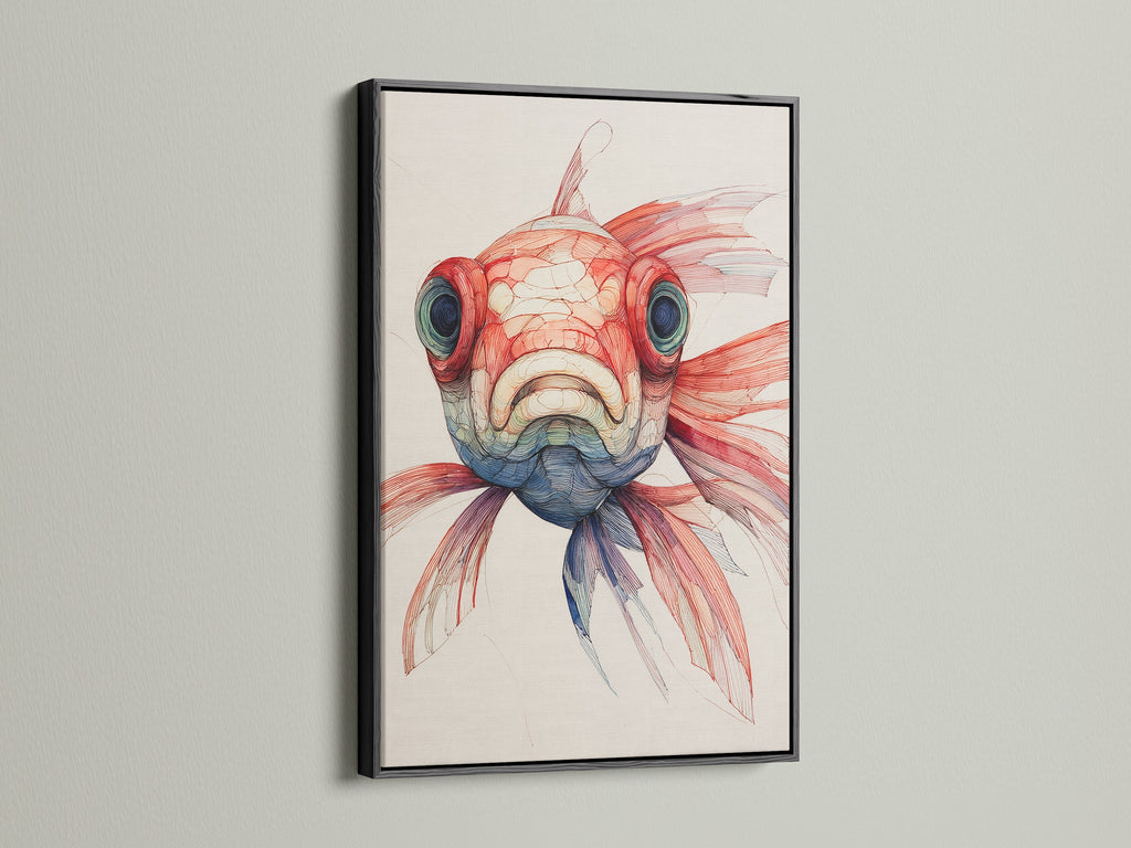 A bold fish artwork is featured in a black frame. The dark frame adds a dramatic contrast. It makes the artwork pop. The black frame provides a sleek sophisticated touch. It is ideal for creating a focal point in your living space or gallery.