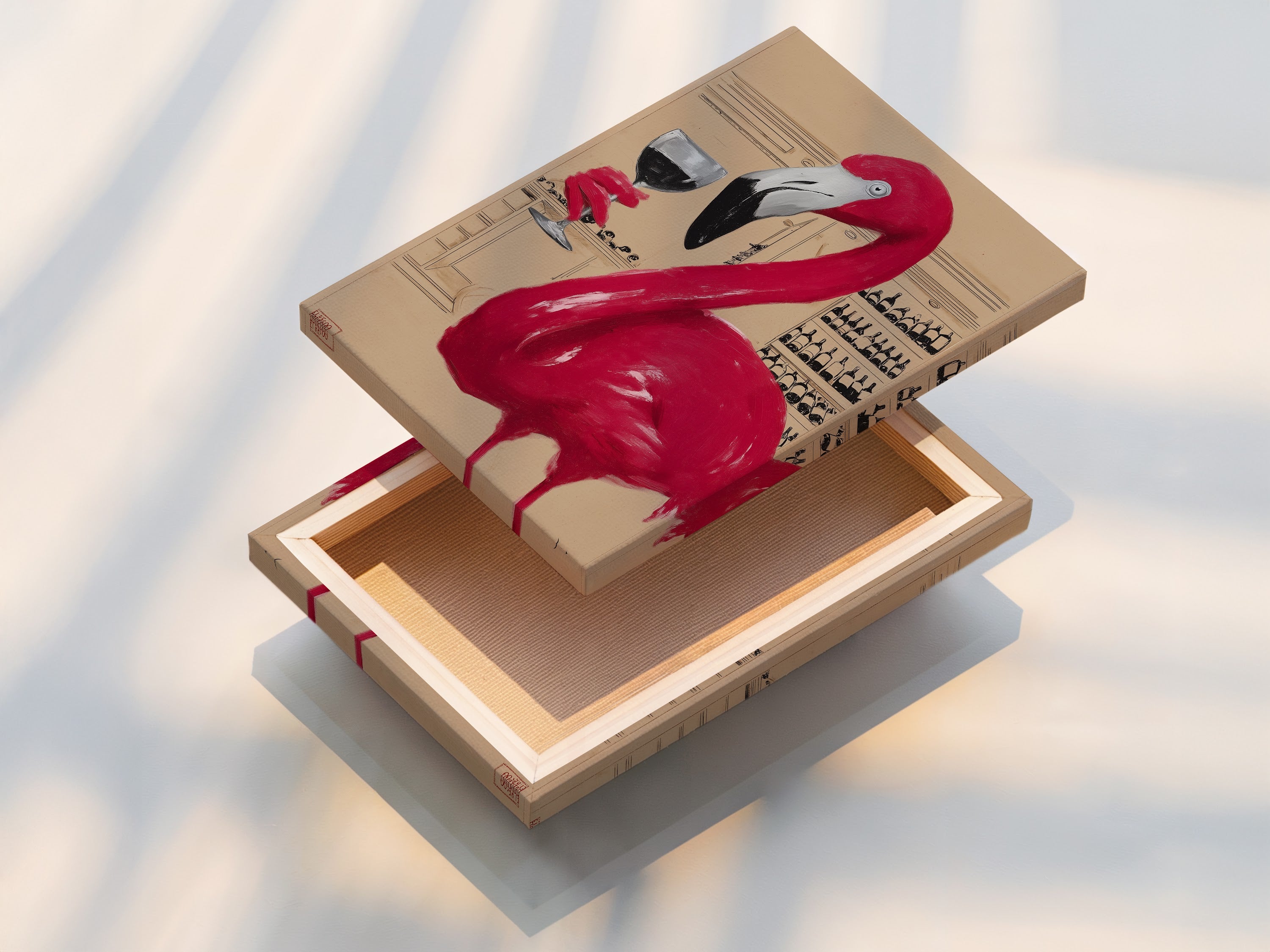 This is a stretched canvas print featuring the flamingo. The artwork is ready to hang. The canvas material adds texture. A great way to display this wine themed artwork. Perfect for a kitchen dining room or bar.