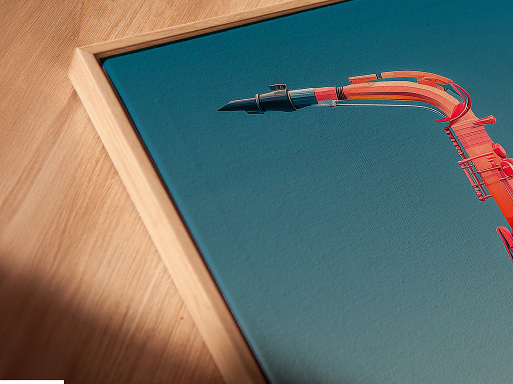 A close-up of canvas print in a floating frame. The pink Jazz music wall art appears to hover. This modern instrument print adds depth. Perfect for music studio decor. Enhance your home office art. A unique saxophone artwork for collectors.