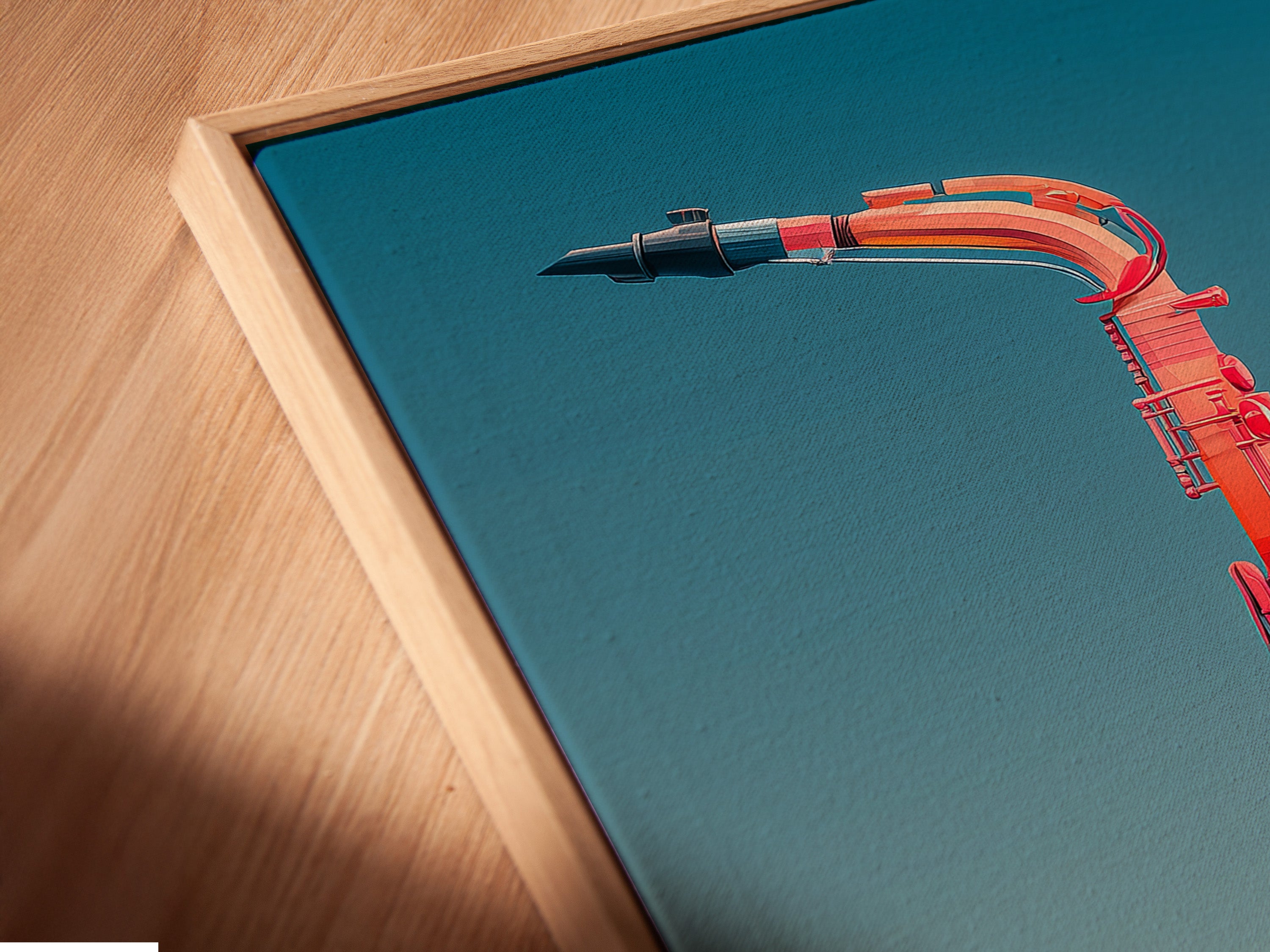 A close-up of canvas print in a floating frame. The pink Jazz music wall art appears to hover. This modern instrument print adds depth. Perfect for music studio decor. Enhance your home office art. A unique saxophone artwork for collectors.