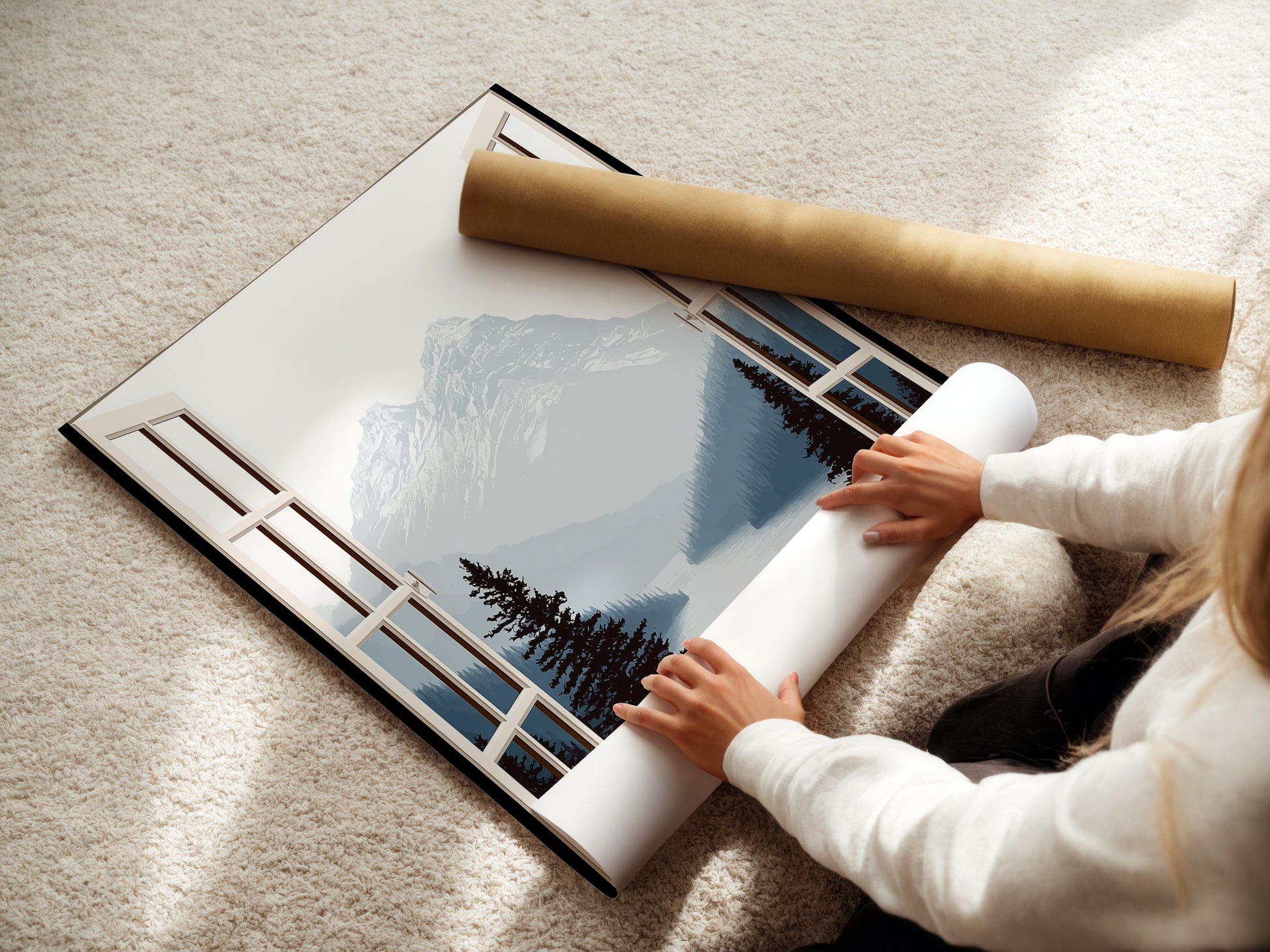 A woman is carefully rolling a fine art poster paper featuring a mountain view. This nature landscape artwork is perfect for home decor. The scenic print captures an open window view. Ideal for adding a calming touch to any room. It is suitable for rustic farmhouse and contemporary styles.