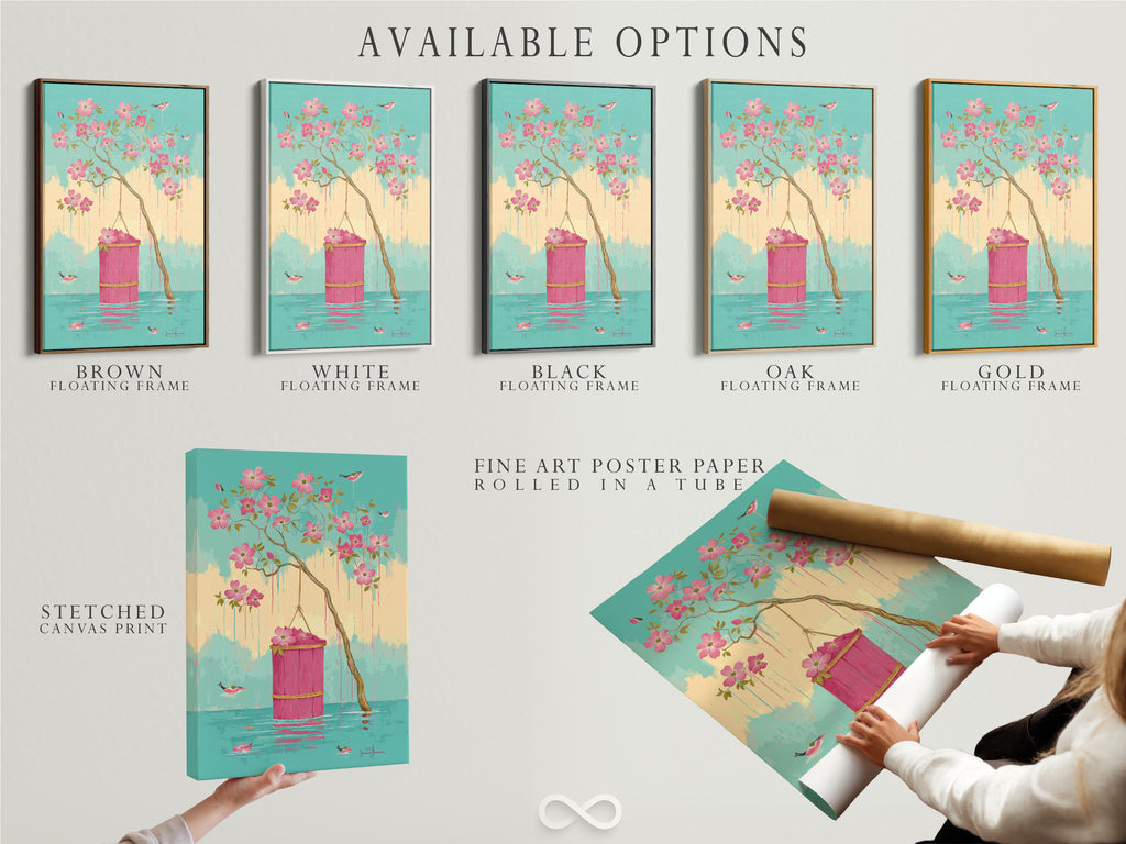 Explore available options for the floral blossom artwork. Choose from a stretched canvas print a fine art poster paper or a floating frame. Each option enhances the pink flowers and bird artwork.