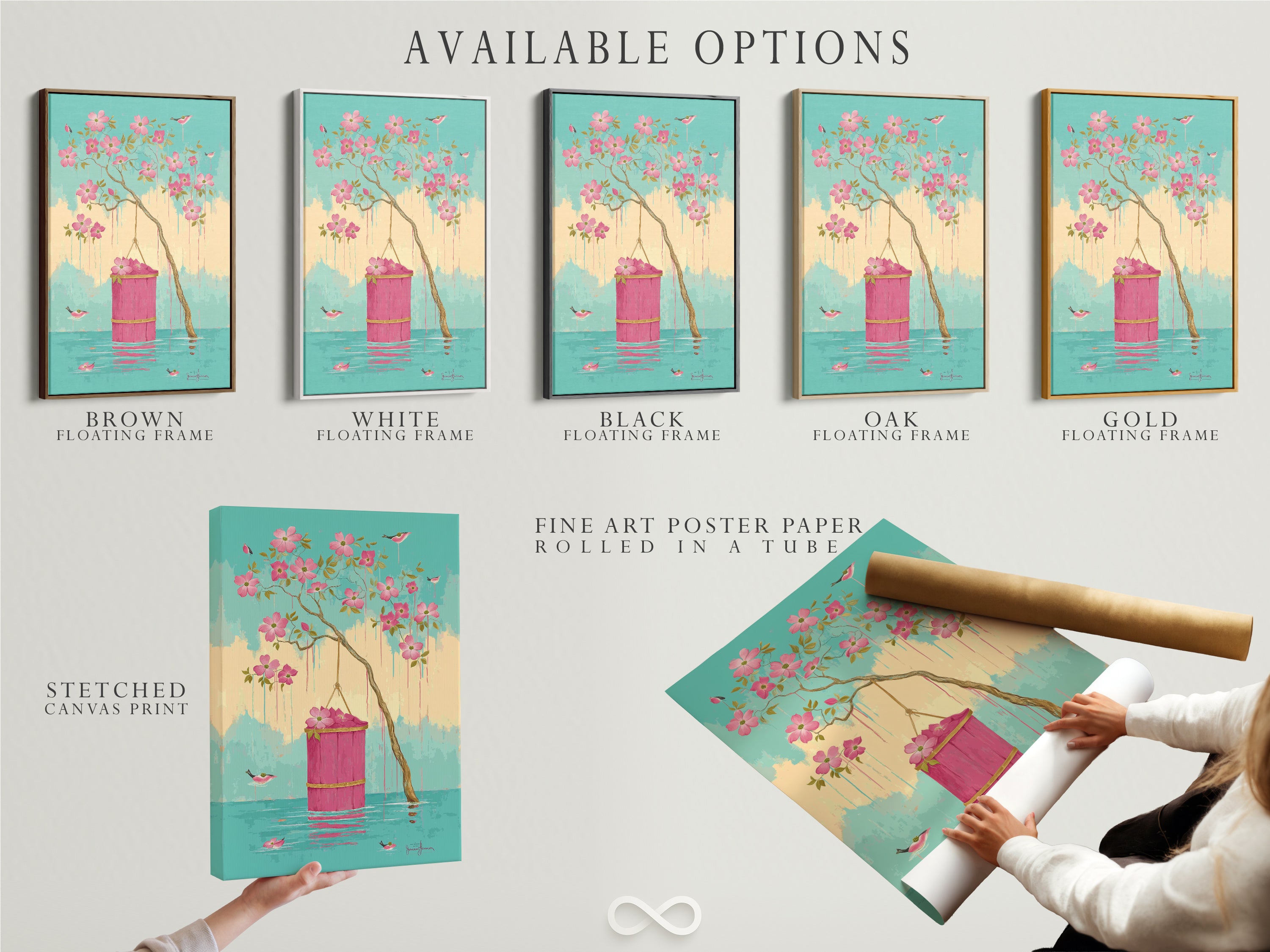 Explore available options for the floral blossom artwork. Choose from a stretched canvas print a fine art poster paper or a floating frame. Each option enhances the pink flowers and bird artwork.