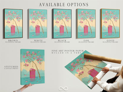 Explore available options for the floral blossom artwork. Choose from a stretched canvas print a fine art poster paper or a floating frame. Each option enhances the pink flowers and bird artwork.