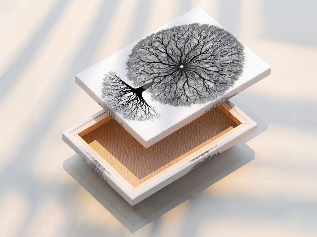 A stretched canvas print of the Tree of Life artwork. The canvas provides a gallery-wrapped look. This ready-to-hang piece simplifies wall decor. Perfect for adding a focal point to your living space.