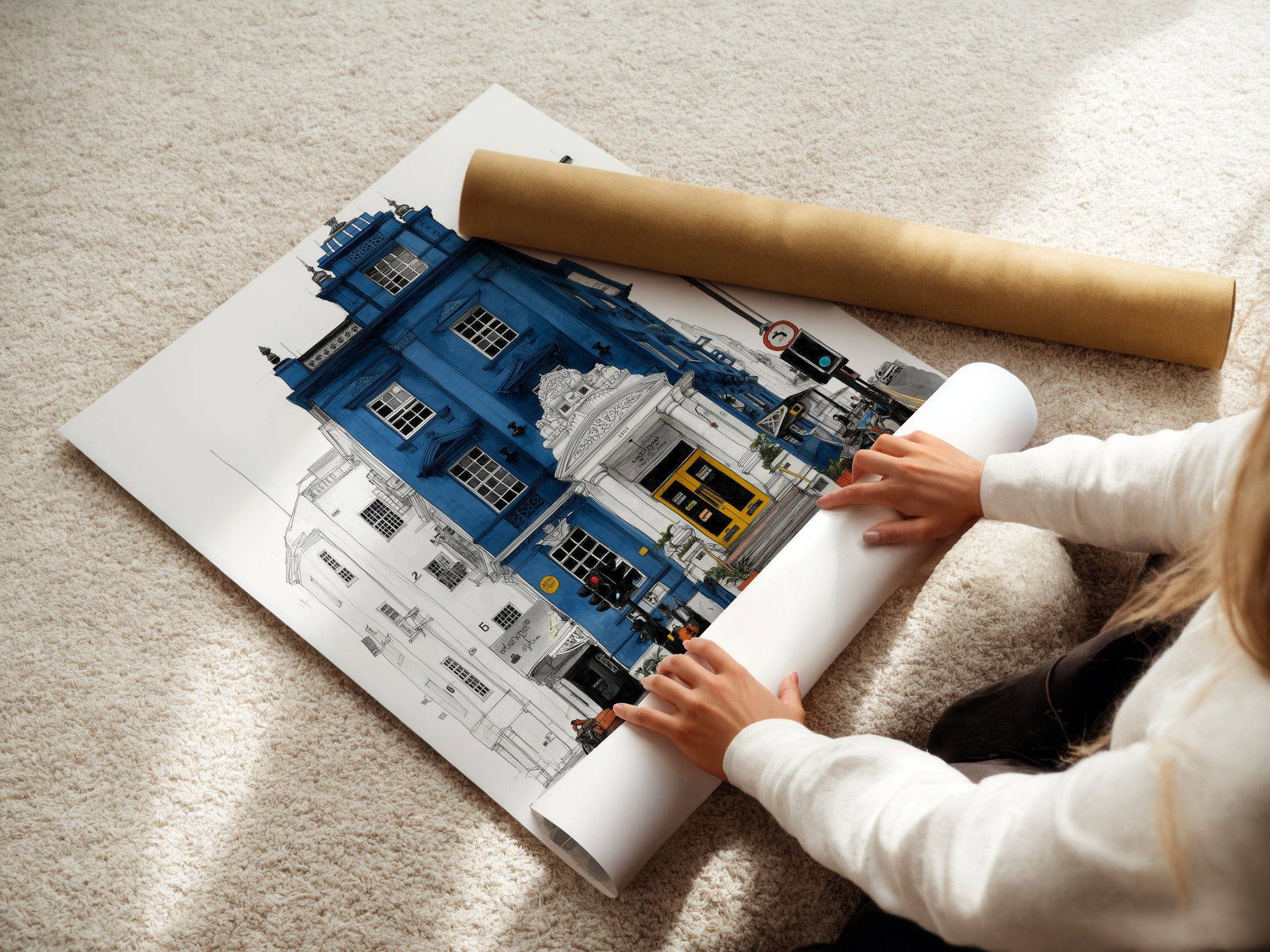 A woman is rolling fine art poster paper. The London Architecture Art features a blue building with a yellow door. Choose fine art paper for a premium art experience. Perfect for creating stunning wall art.