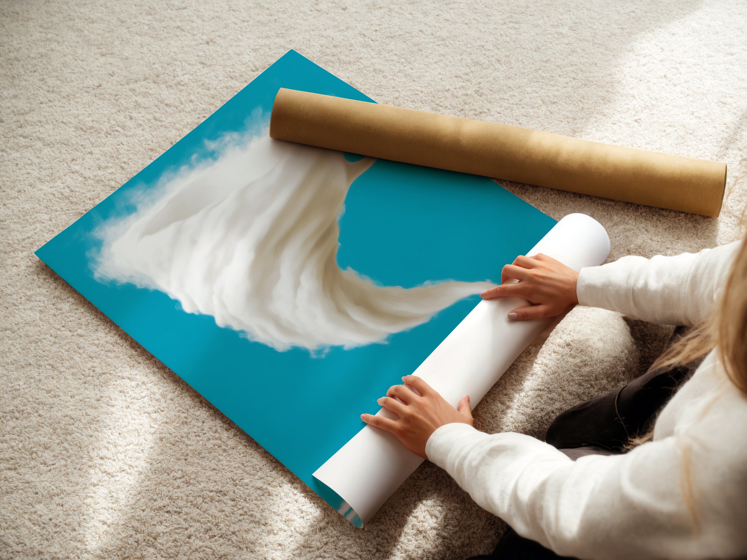 A woman carefully rolls a fine art poster paper showcasing the surreal coffee cup storm artwork. This turquoise sky and beach art print is perfect for modern home decor. Ideal for art collectors and coffee lovers. Add an imaginative touch to your living space with this unique artwork.