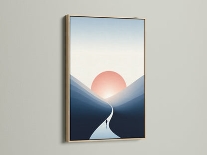 Sunrise Mountain artwork in an oak frame. The minimalist landscape print showcases a calming sunrise. A pathway invites viewers into the serene scene. The oak frame enhances the natural feel of the artwork.