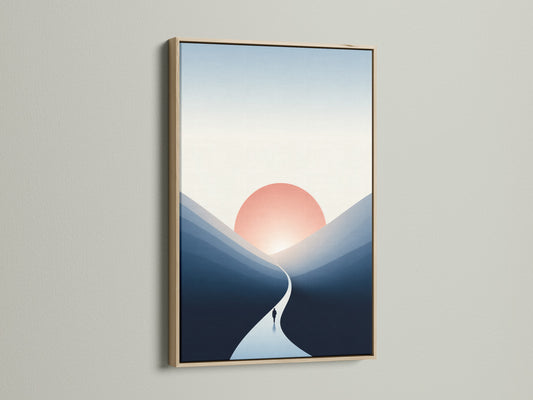 Sunrise Mountain artwork in an oak frame. The minimalist landscape print showcases a calming sunrise. A pathway invites viewers into the serene scene. The oak frame enhances the natural feel of the artwork.