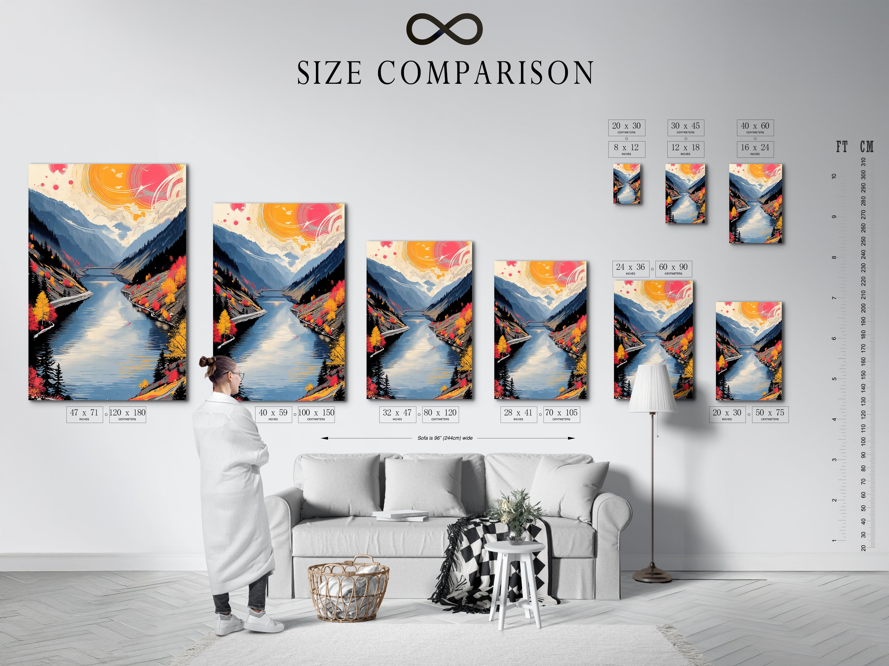 Size comparison chart in an interior setting. See how different sizes of mountain lake art autumn landscape prints look in your space. Perfect for planning your wall decor whether you are a homeowner renter or business owner.