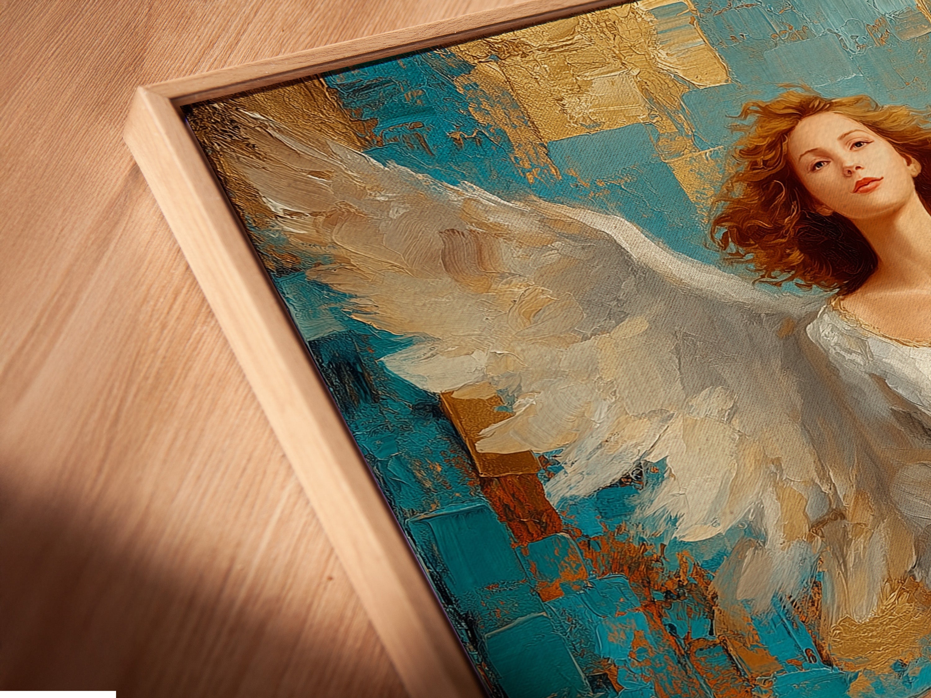 A close-up shot of a canvas print in a floating frame. The floating frame creates a unique and modern display. It makes the art appear to float within the frame. This adds depth and visual appeal to the canvas print.