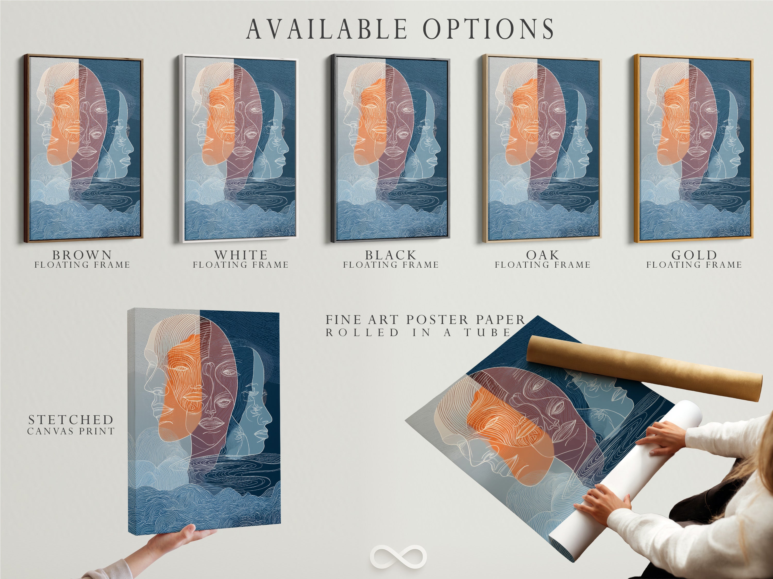Available options include stretched canvas print fine art poster paper and floating frame. Choose the perfect medium and framing to suit your art. Explore various presentation styles for your artwork. Customize your artwork to match your unique taste.