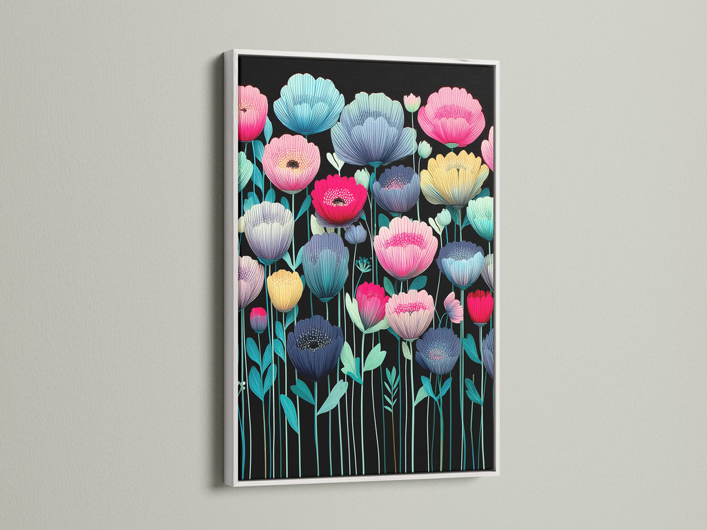 A modern floral artwork is presented in a white frame. The flower canvas showcases vibrant teal pink and yellow colors. This botanical print is perfect for adding a touch of nature to your walls. Ideal for bedroom decor or a modern living room. Bring colorful wall art into your home. Consider this striking floral canvas print.