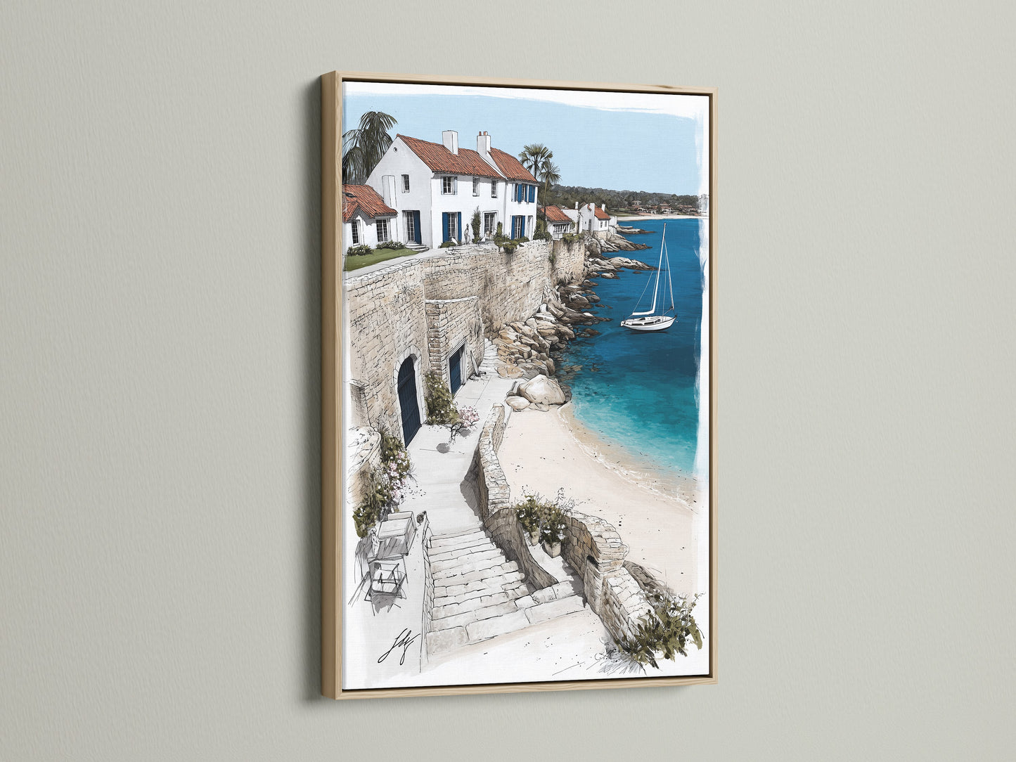 Coastal Village artwork in an oak frame. The artwork showcases a picturesque seaside town. White buildings meet the azure sea. A sailboat is on the horizon. The oak frame enhances the coastal artwork. This piece brings a touch of Mediterranean elegance to your home.