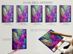 Explore available options for tropical leaves artwork. Choose from stretched canvas prints fine art poster paper or floating frames. Customize your neon botanical wall art to suit your style. Perfect exotic foliage poster for any space.