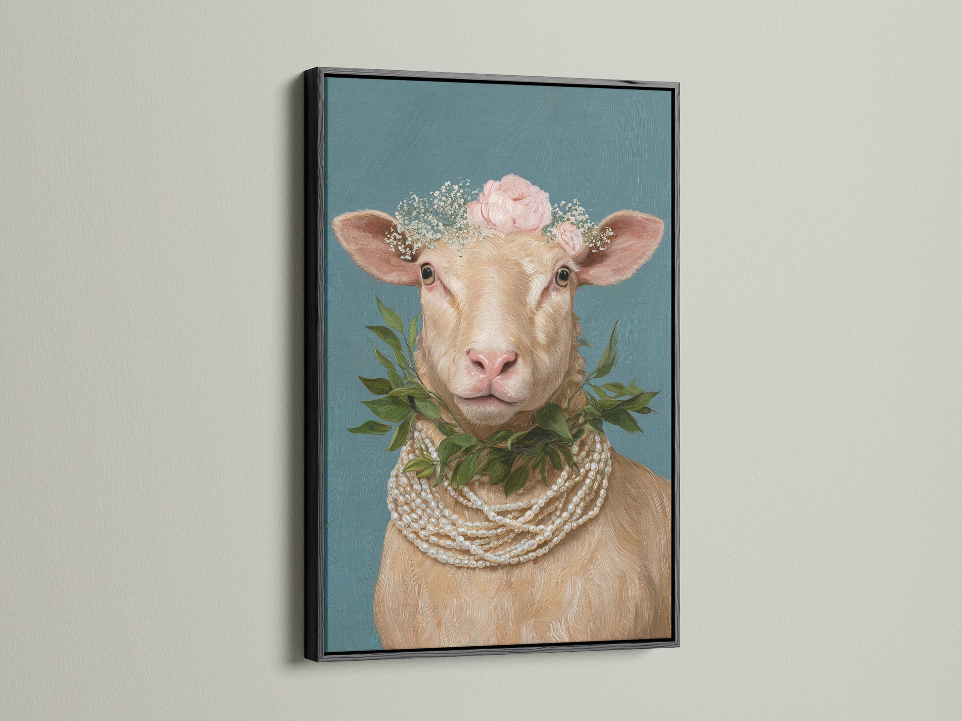 Framed whimsical sheep artwork with a floral crown and pearl necklace. This Country Wall Art is displayed in a black frame. Perfect Farm Animal Print for Nursery Wall Decor. The black frame makes a bold statement for your farmhouse decor.
