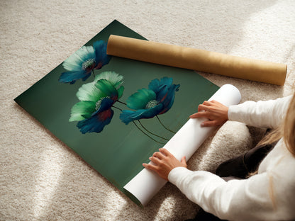 A woman is carefully rolling a fine art poster paper. This showcases the care we take in handling our botanical art. The fine art paper ensures the colors of the blue flower print and green wall art stay vibrant. Order your modern art print today.