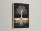 Tree of Life art in an oak frame. This modern canvas print features a black and gold color palette. It's ideal for bedroom wall decor. This nature artwork is a contemporary statement piece.