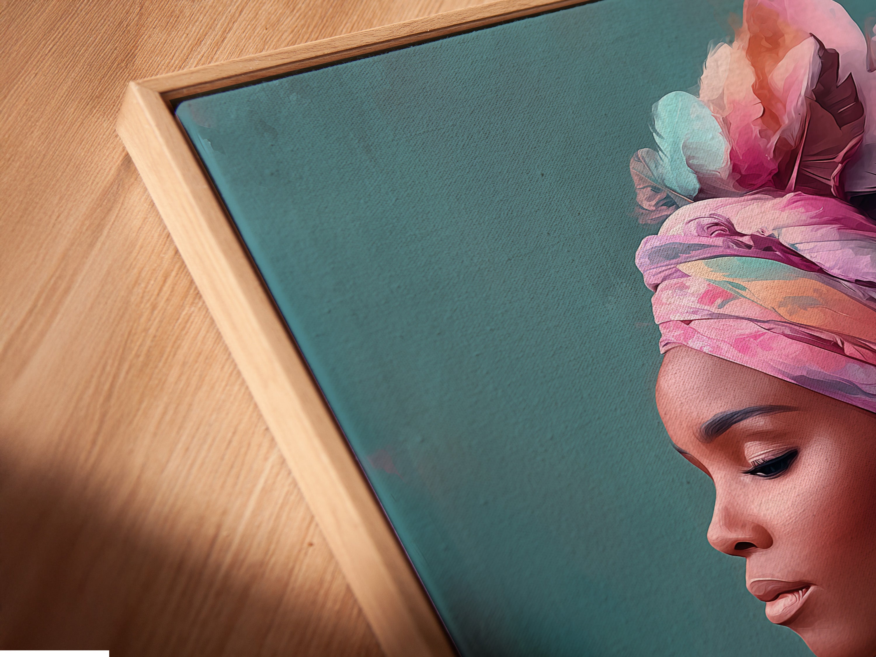 This is a close-up of the African Woman Canvas Print in a floating frame. The colorful feather portrait is eye-catching. The floating frame gives a modern gallery feel. Bring cultural art to your living room or bedroom today.