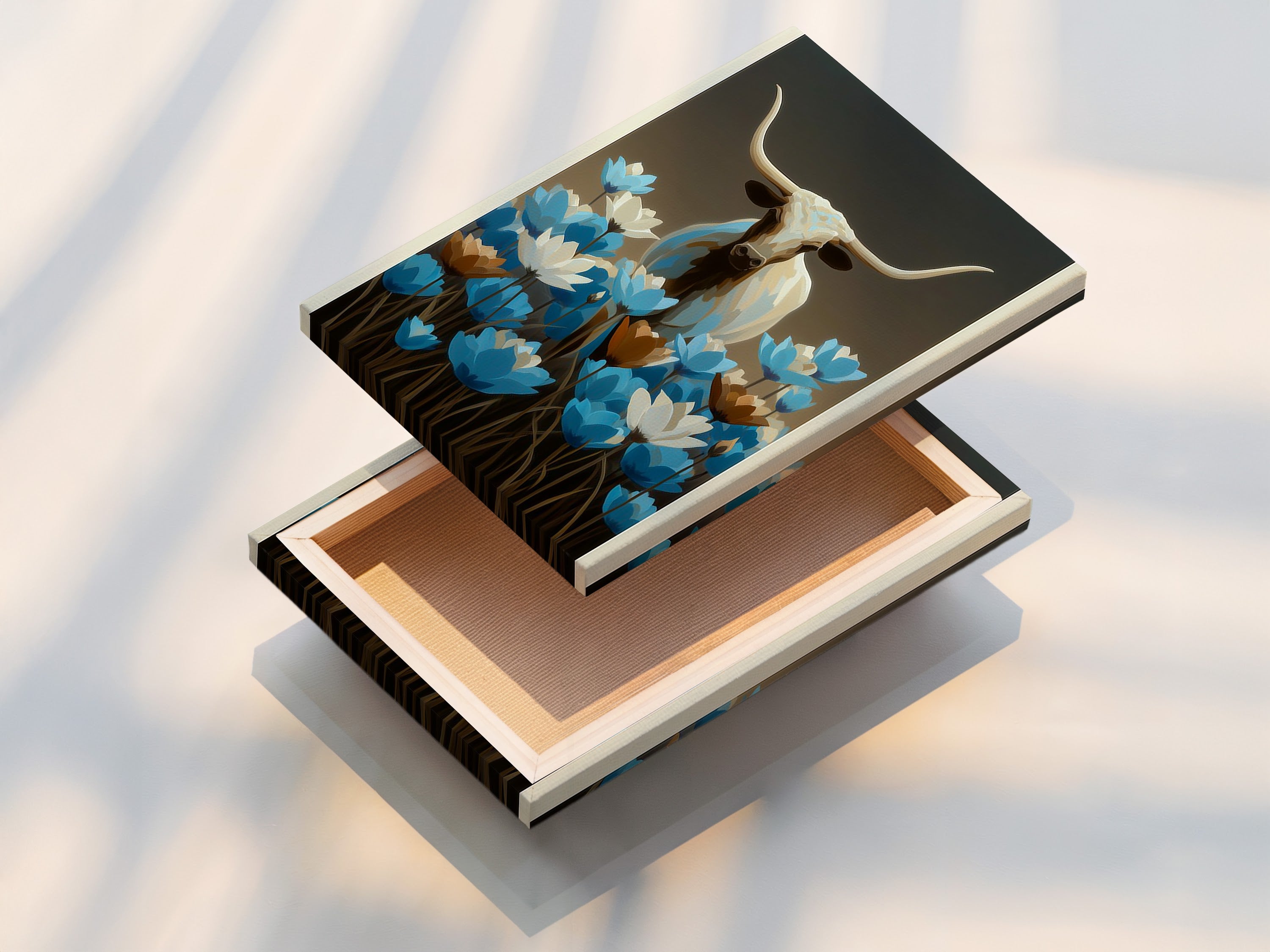 This is a stretched canvas print of longhorn bull art. It features blue wildflowers. The Western wall decor is perfect for any room. This bull canvas print is ideal for modern farmhouse decor. Add blue floral art to your home.