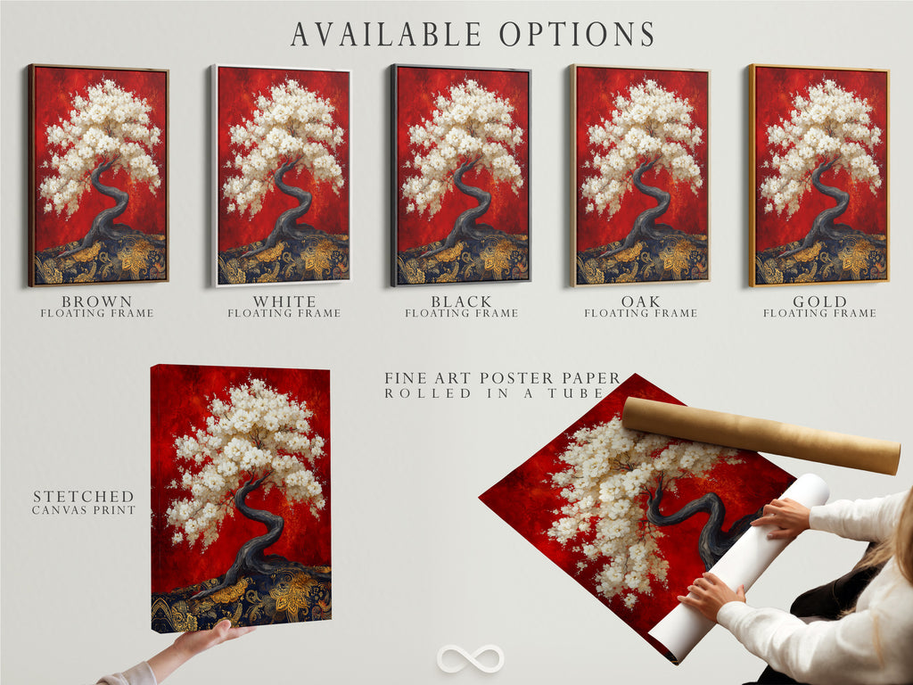 Available options include a stretched canvas print fine art poster paper and a floating frame. The cherry blossom tree artwork can be customized to your preferences. Enhance your Asian home decor with this Japanese bonsai canvas wall art. Red and gold colors bring warmth and elegance.