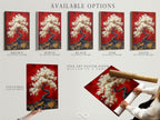 Available options include a stretched canvas print fine art poster paper and a floating frame. The cherry blossom tree artwork can be customized to your preferences. Enhance your Asian home decor with this Japanese bonsai canvas wall art. Red and gold colors bring warmth and elegance.