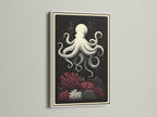 White Frame art print. This octopus canvas print is nautical wall art. It showcases coral reef art for coastal home decor. The white frame offers a clean modern look. Elevate your space with ocean creature artwork.