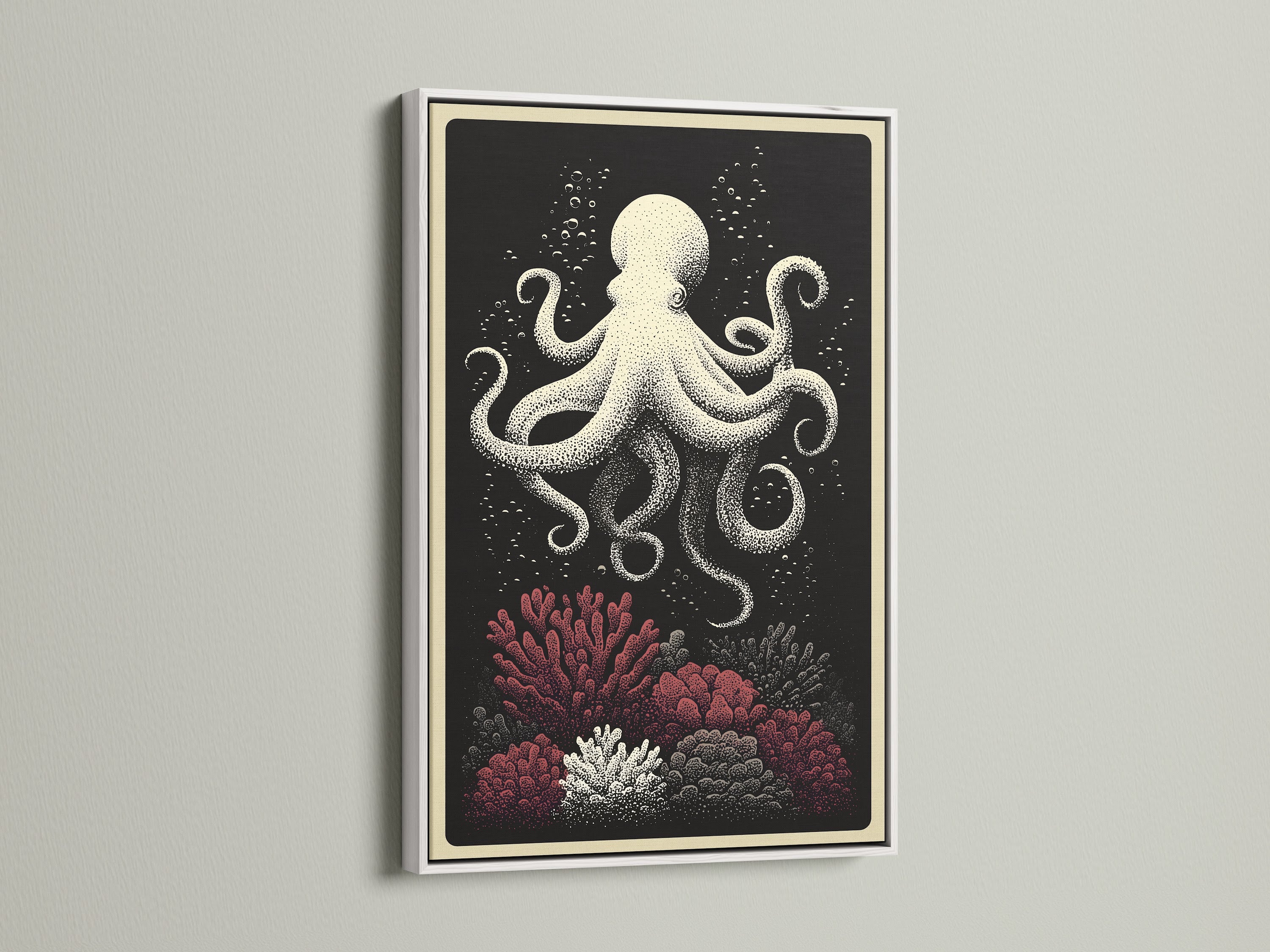 White Frame art print. This octopus canvas print is nautical wall art. It showcases coral reef art for coastal home decor. The white frame offers a clean modern look. Elevate your space with ocean creature artwork.