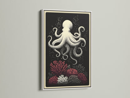 White Frame art print. This octopus canvas print is nautical wall art. It showcases coral reef art for coastal home decor. The white frame offers a clean modern look. Elevate your space with ocean creature artwork.