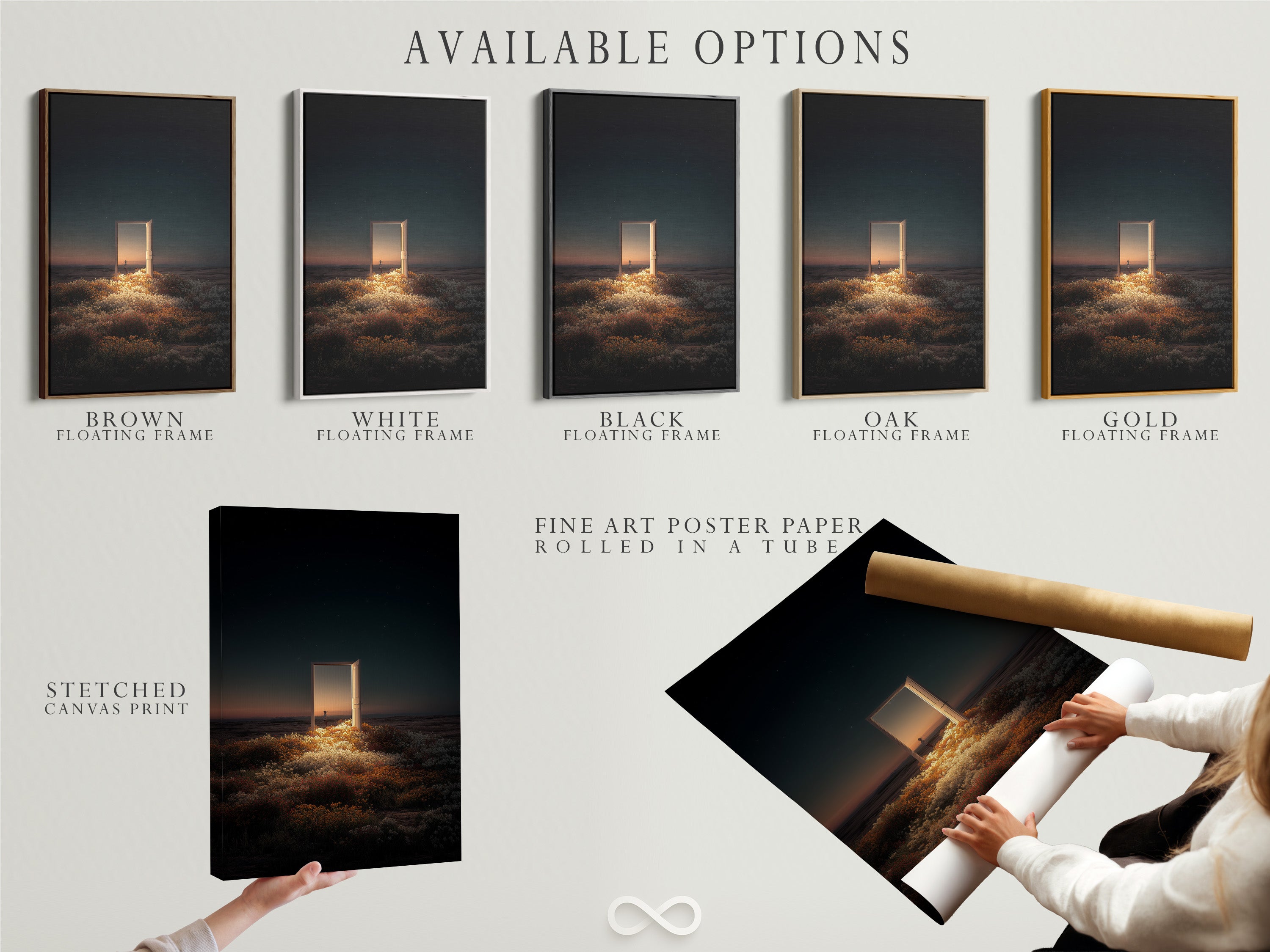Available options for artwork. Stretched canvas print is available. Fine art poster paper is another choice. A floating frame is also an option. Choose the perfect style to match your taste. All options are high-quality and beautiful.