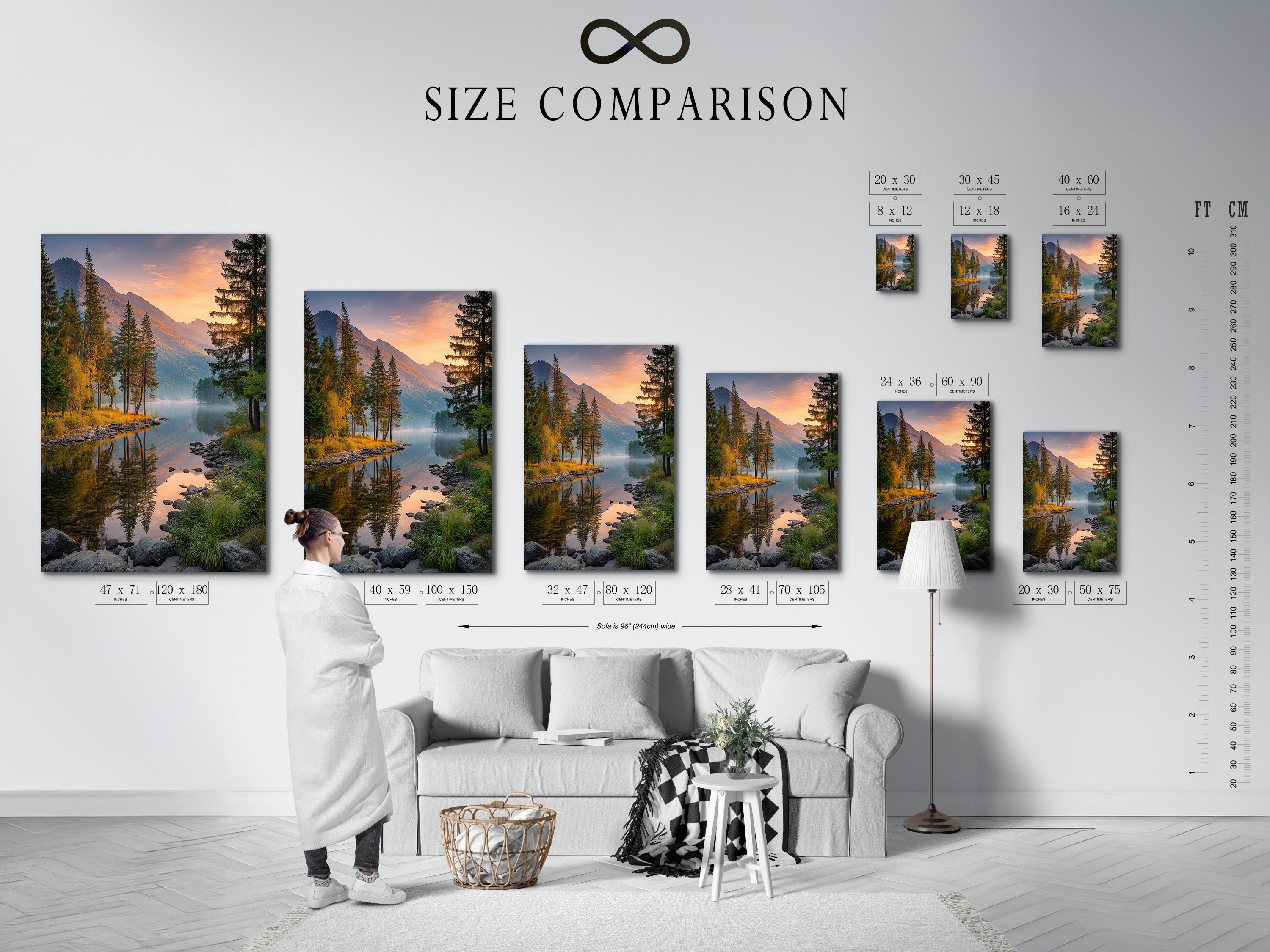 A size comparison chart displayed in an interior setting. The mountain lake canvas print is available in multiple sizes. This nature print fits perfectly in any room whether small or large. Find the ideal size to complement your wall decor. Elevate your space with this rustic wall art.