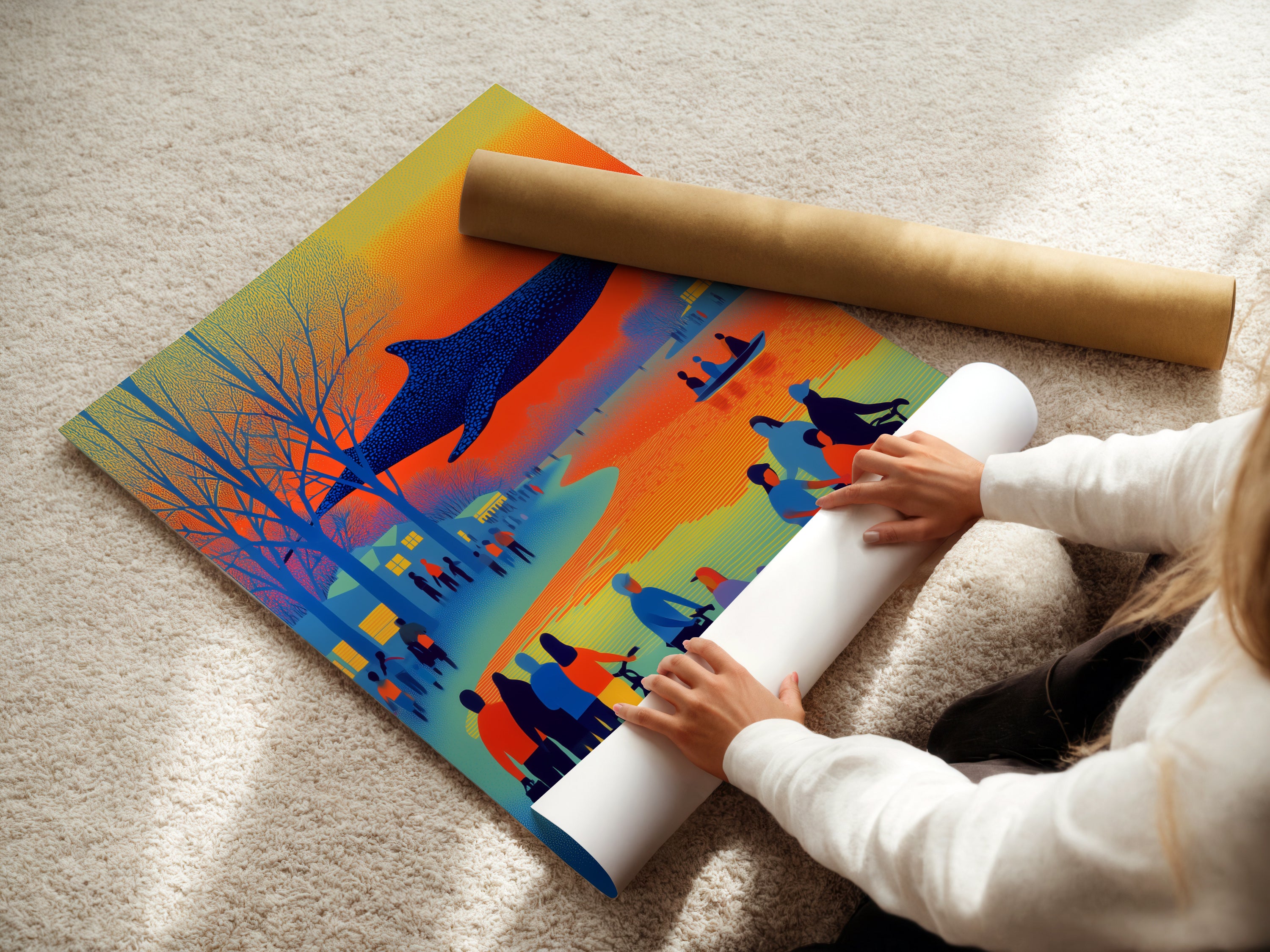A woman is carefully rolling a fine art poster paper print. The image conveys attention to detail and care. High-quality materials ensure a premium art experience. Perfect for homeowners renters and interior designers. Get your own retro artwork today. This artwork is perfect for eclectic styles.