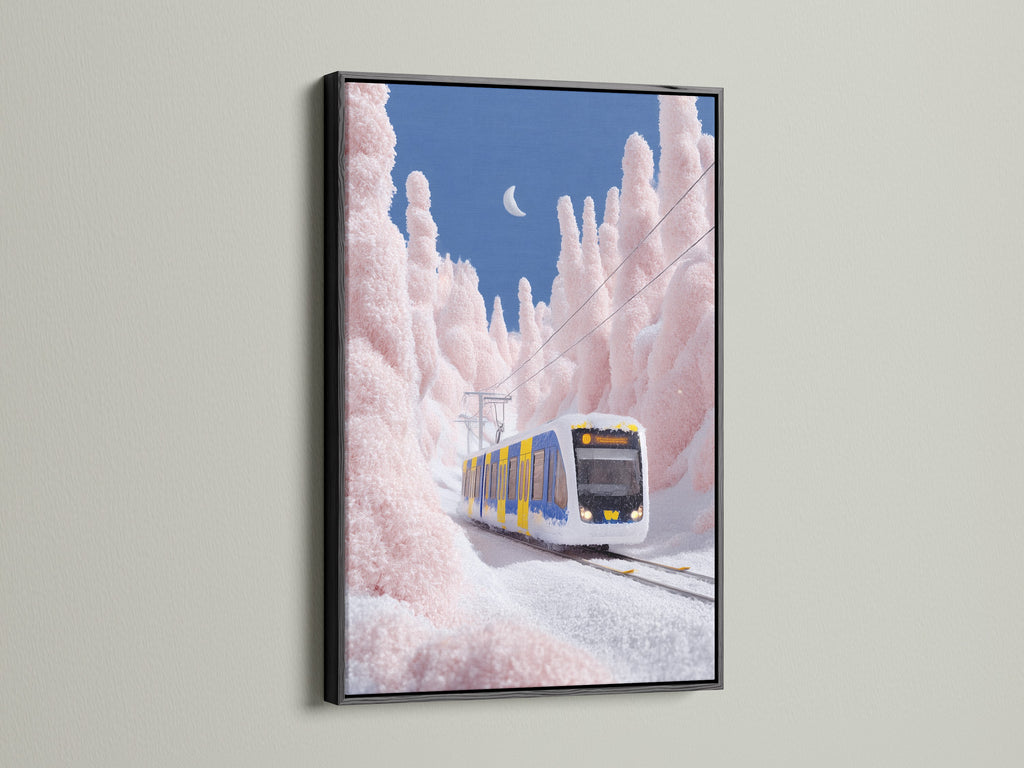 The winter train artwork is displayed in a sleek black frame. The black frame provides a bold contrast. It makes the colors of the train wall decor pop. A striking addition to any contemporary art collection.
