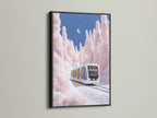 The winter train artwork is displayed in a sleek black frame. The black frame provides a bold contrast. It makes the colors of the train wall decor pop. A striking addition to any contemporary art collection.