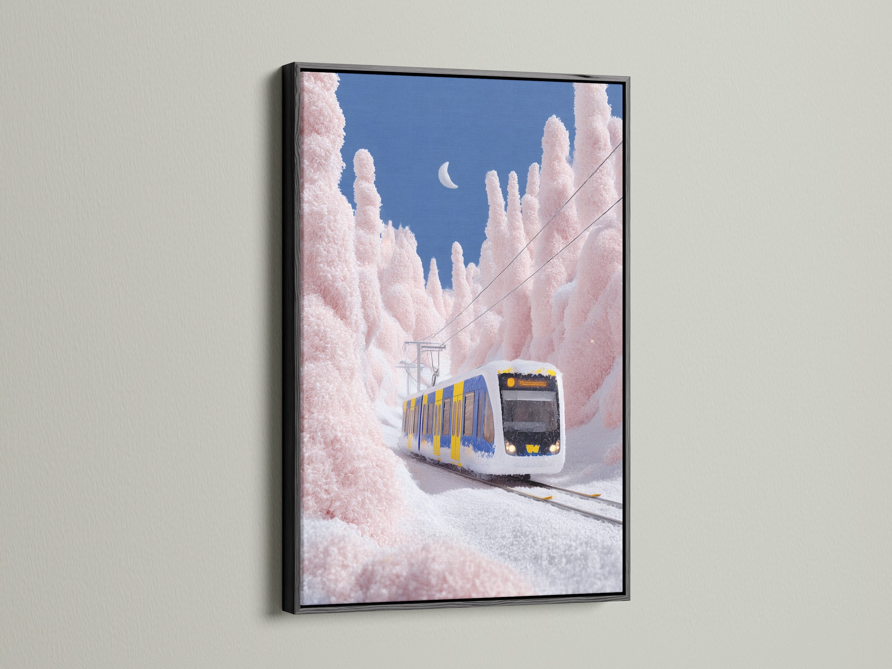 The winter train artwork is displayed in a sleek black frame. The black frame provides a bold contrast. It makes the colors of the train wall decor pop. A striking addition to any contemporary art collection.