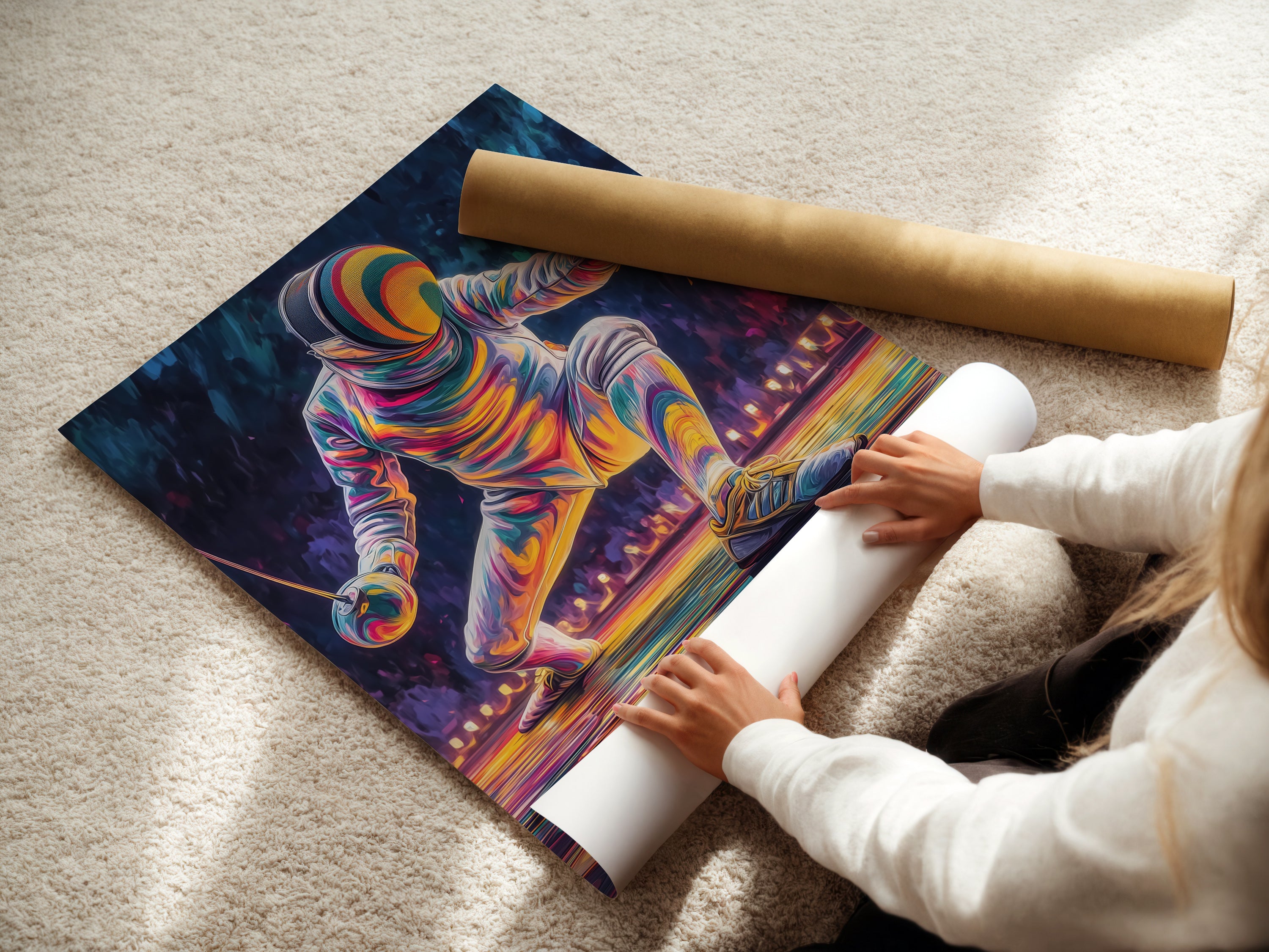 A woman is carefully rolling a fine art poster paper. This highlights the care and quality of our prints. Our fine art posters are perfect for any space. They are ideal for home or gym decor. Explore our range of athletic and abstract artwork.
