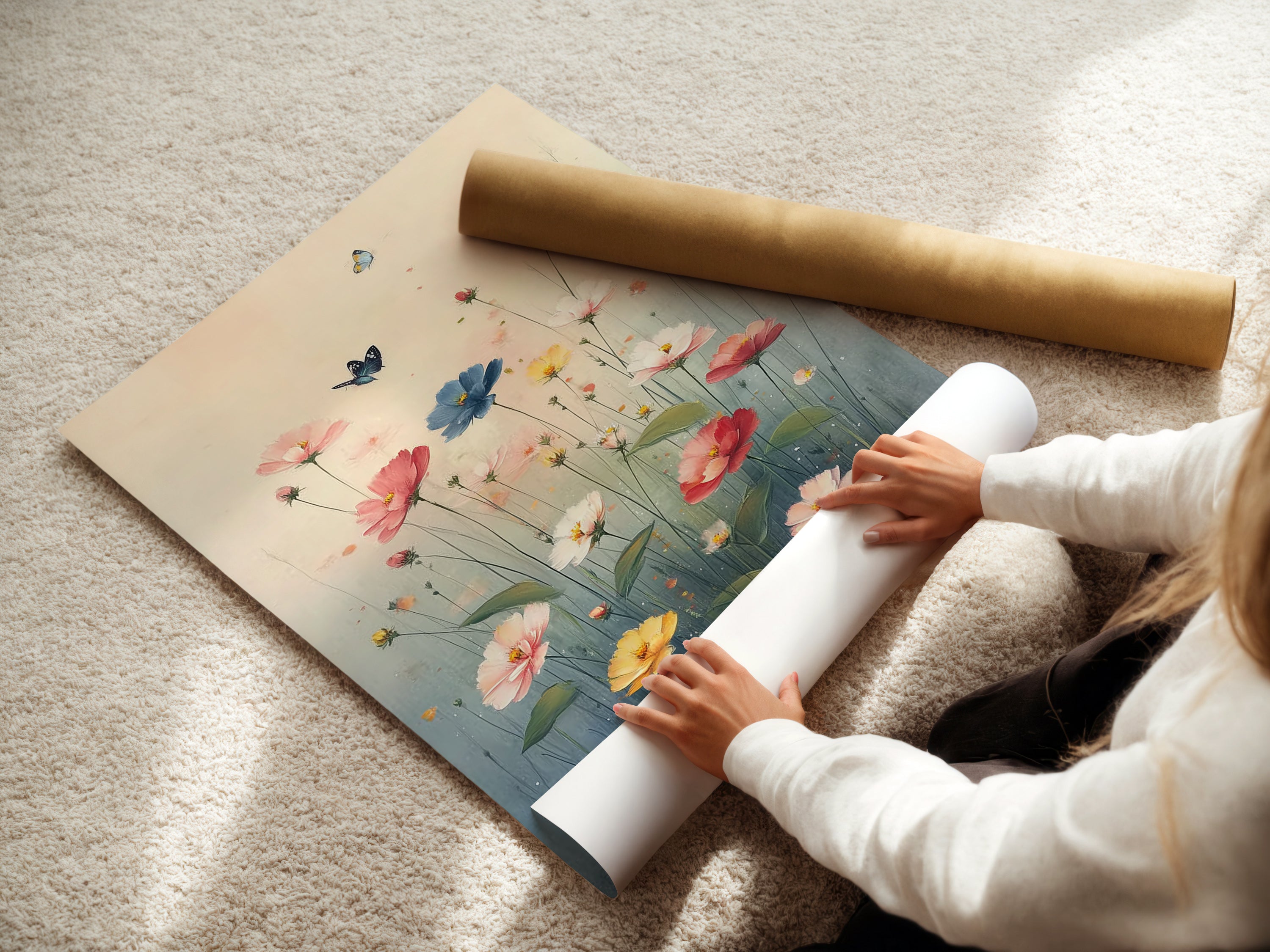 A woman is carefully rolling a fine art poster paper of the Floral Meadow artwork. The artwork features wildflowers. Butterflies are seen fluttering around. The poster paper is high-quality ensuring a crisp print. This botanical art is perfect for framing or hanging as-is. It brings the beauty of a meadow to any room.