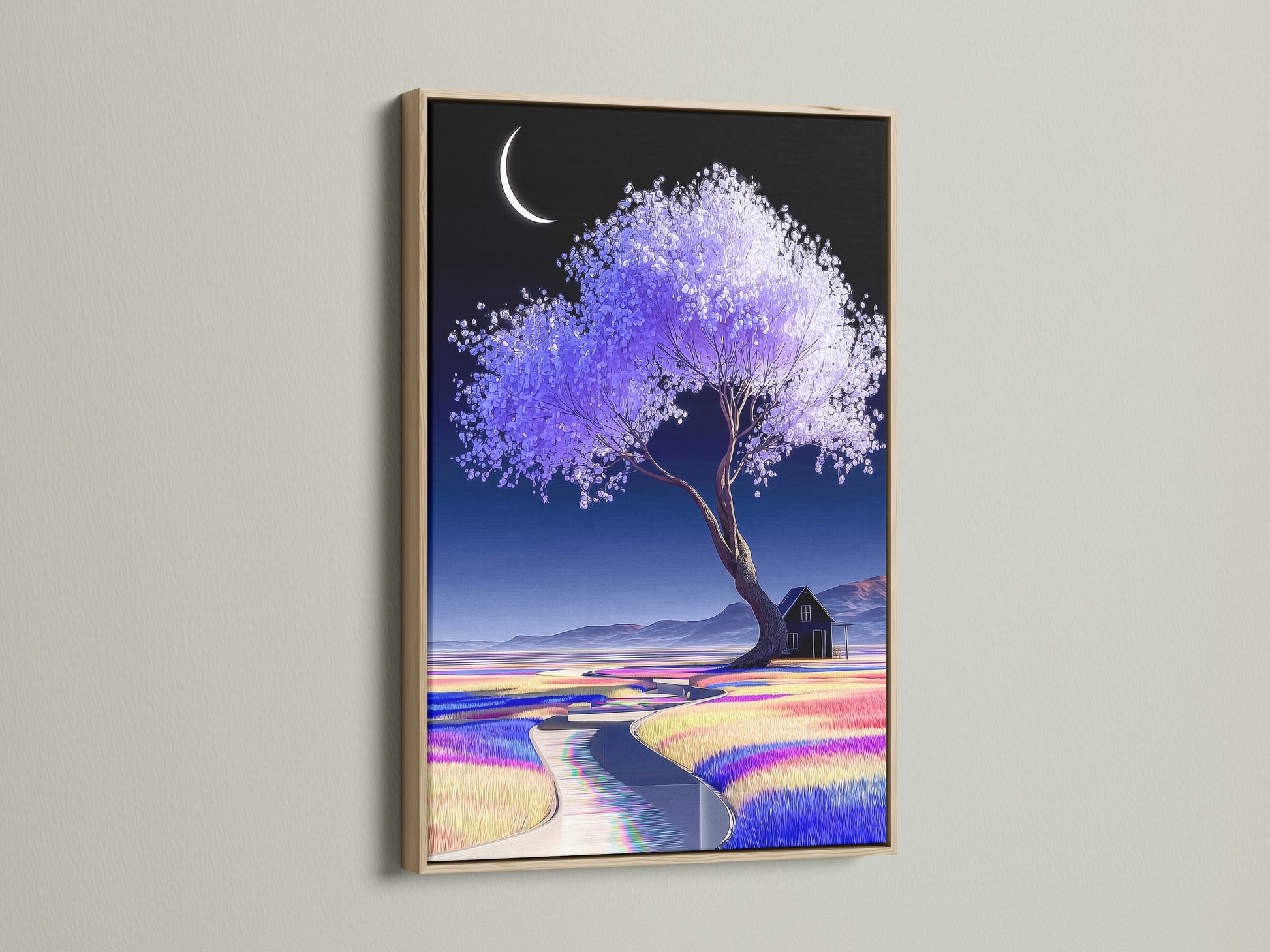 The lavender tree artwork is presented in a classic oak frame. This pastel landscape brings a touch of nature indoors. The moon art print adds a dreamy element to any room. It is ideal for serene and calming wall decor. Enhance your space with this ethereal artwork.