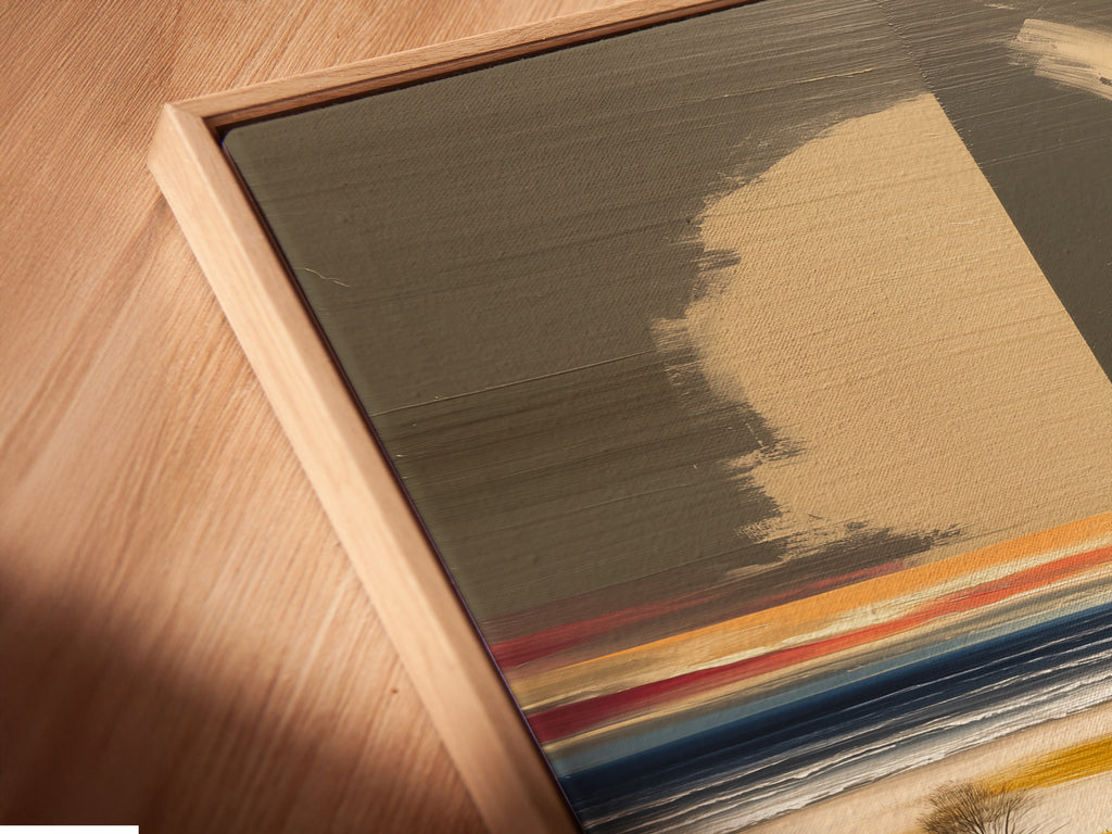 A close up of the coastal artwork in a floating frame. The modern nature painting appears to float enhancing its artistic appeal. Perfect for those seeking refined wall art. The floating frame adds a contemporary touch to the coastal artwork.