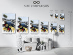 An interior setting features a size comparison chart. This chart helps visualize how different sizes of artwork will look in your space. Plan your Living Room Wall Art or Bedroom Wall Decor with confidence before you buy