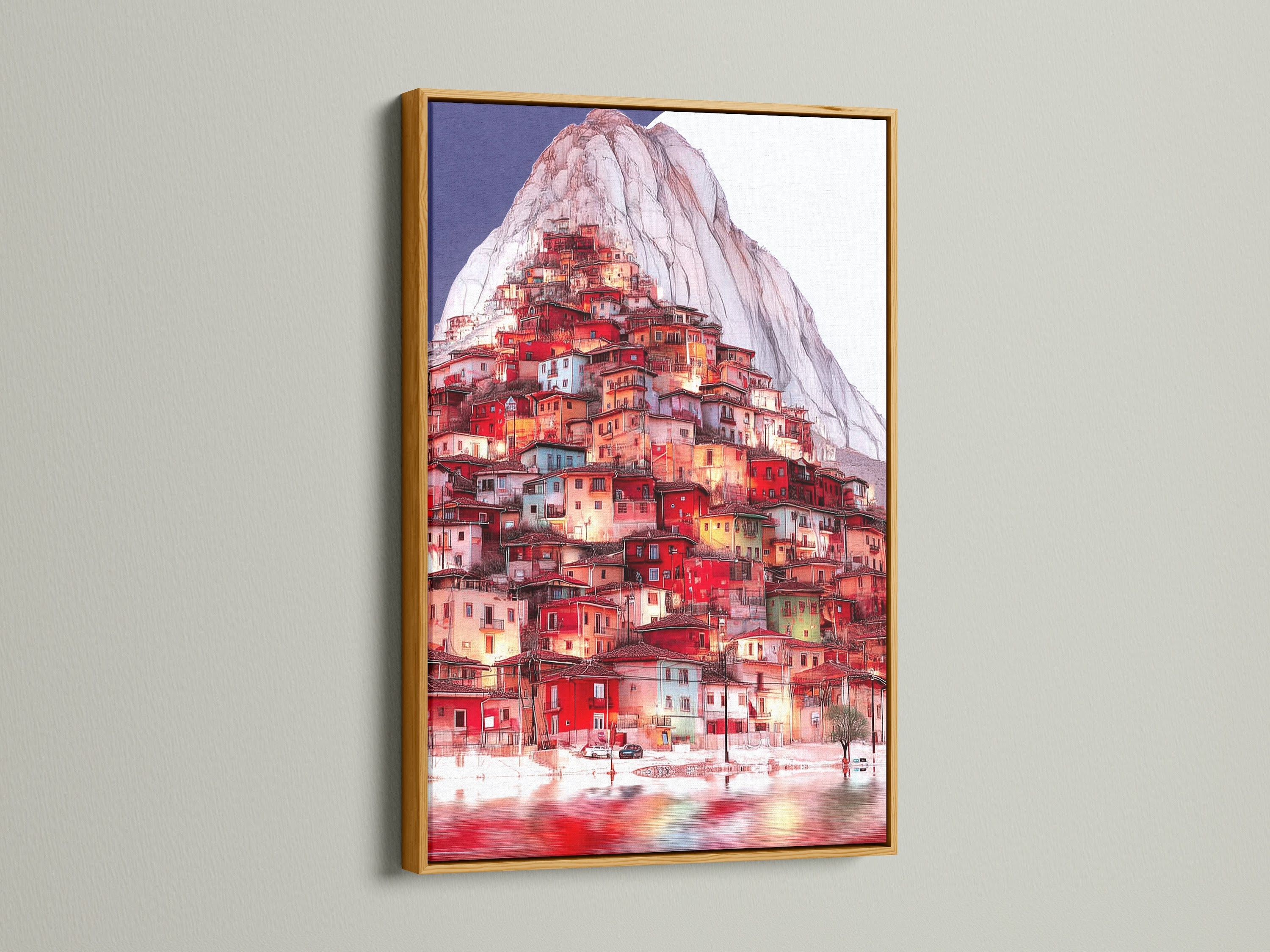 The Mountain Village artwork is elegantly framed in gold. The gold frame enhances the Italian art print. This frame adds a touch of luxury to the mountain canvas. Elevate your decor.